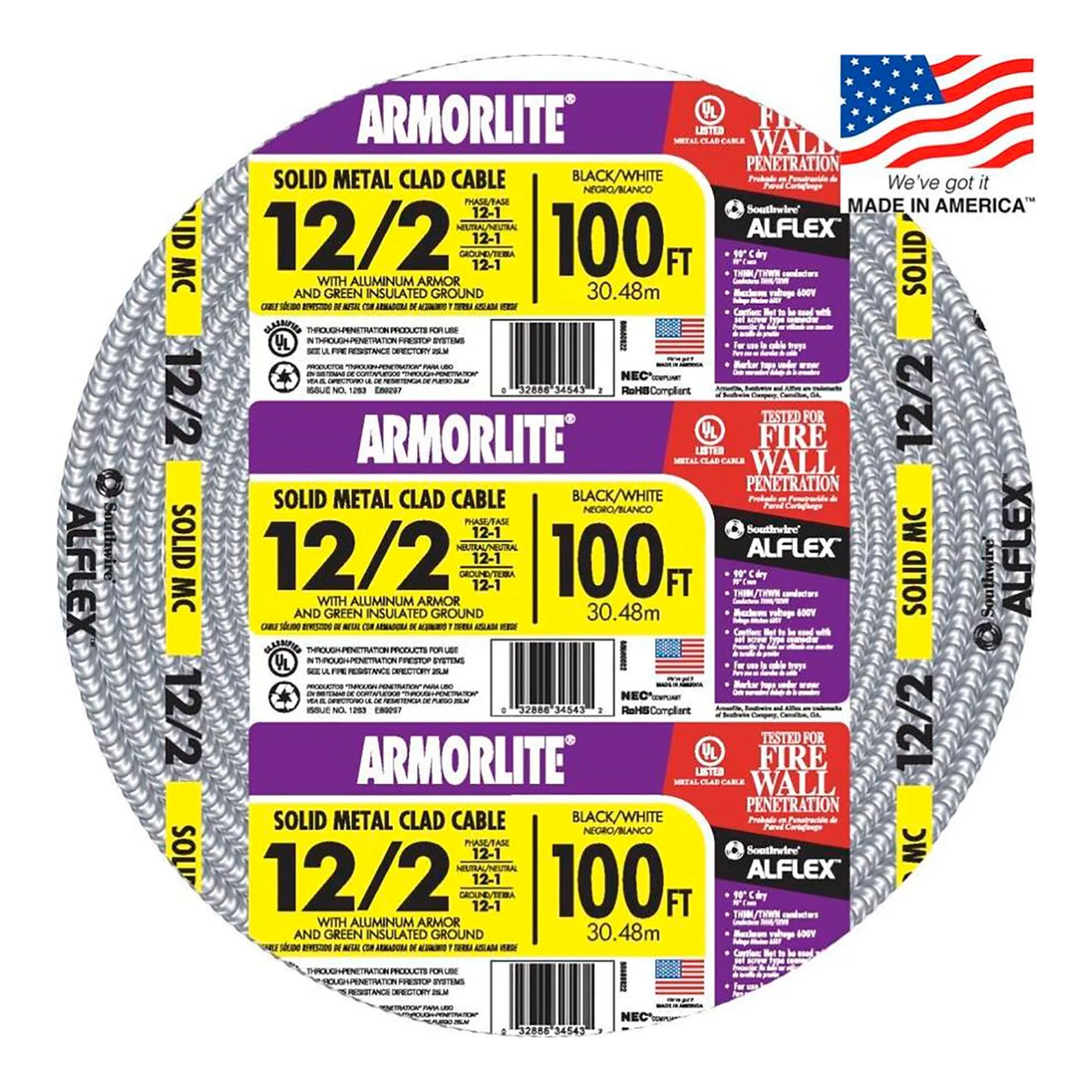 Coiled 12/2 AWG Type MC cable with aluminum armor