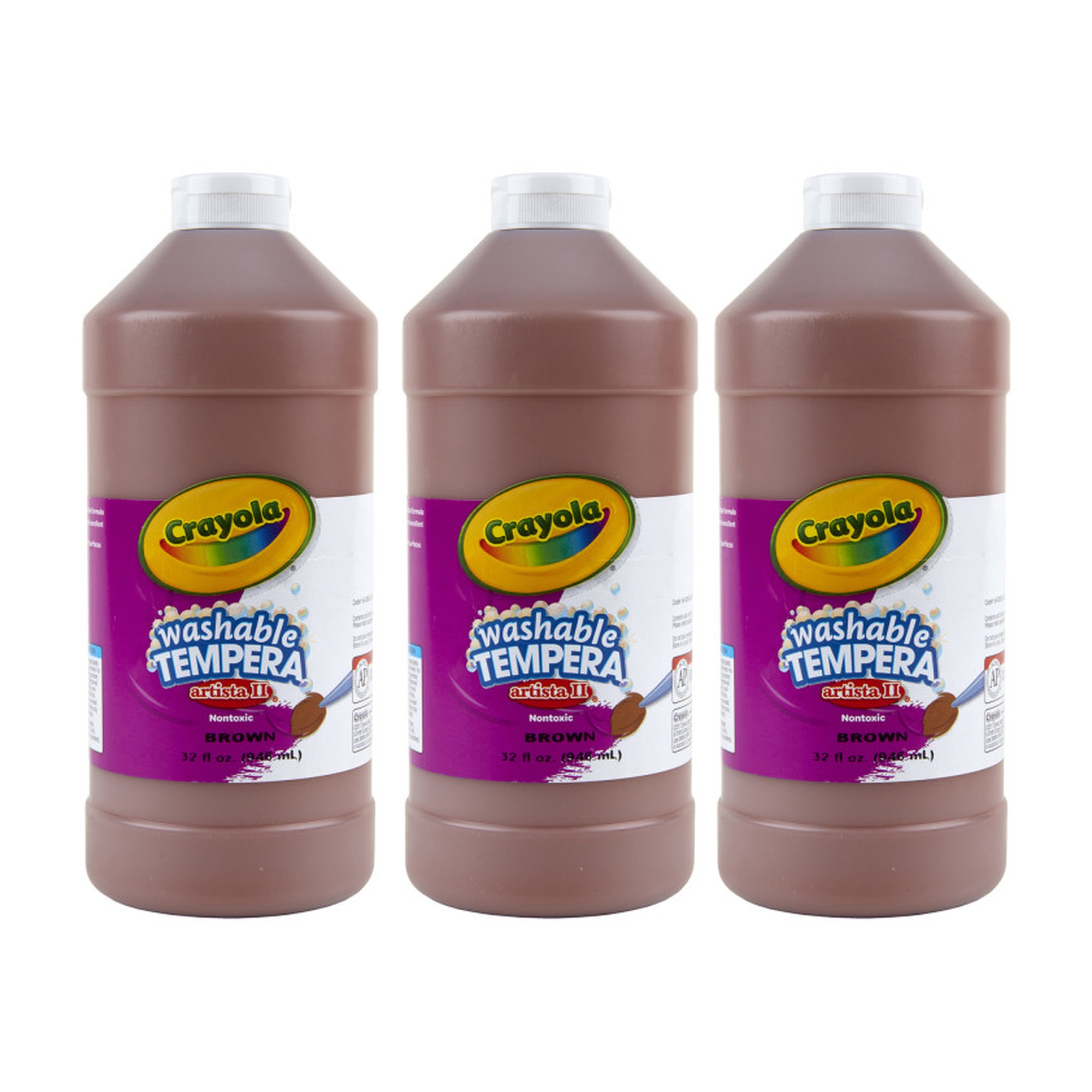 Washable Tempera Paint, Brown, 32 oz, Pack of 3