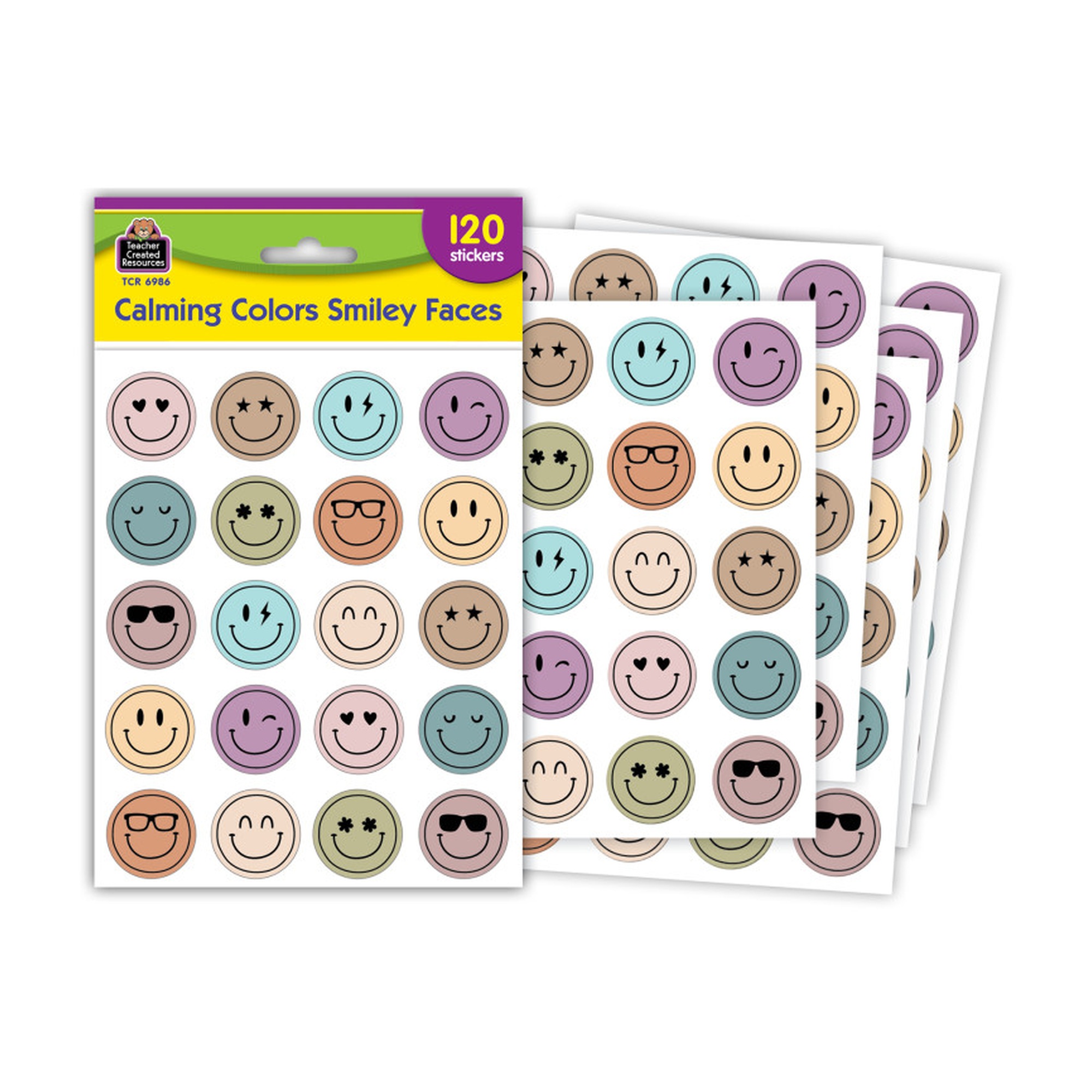 Calming Colors Smiley Face Stickers, 120 Pack