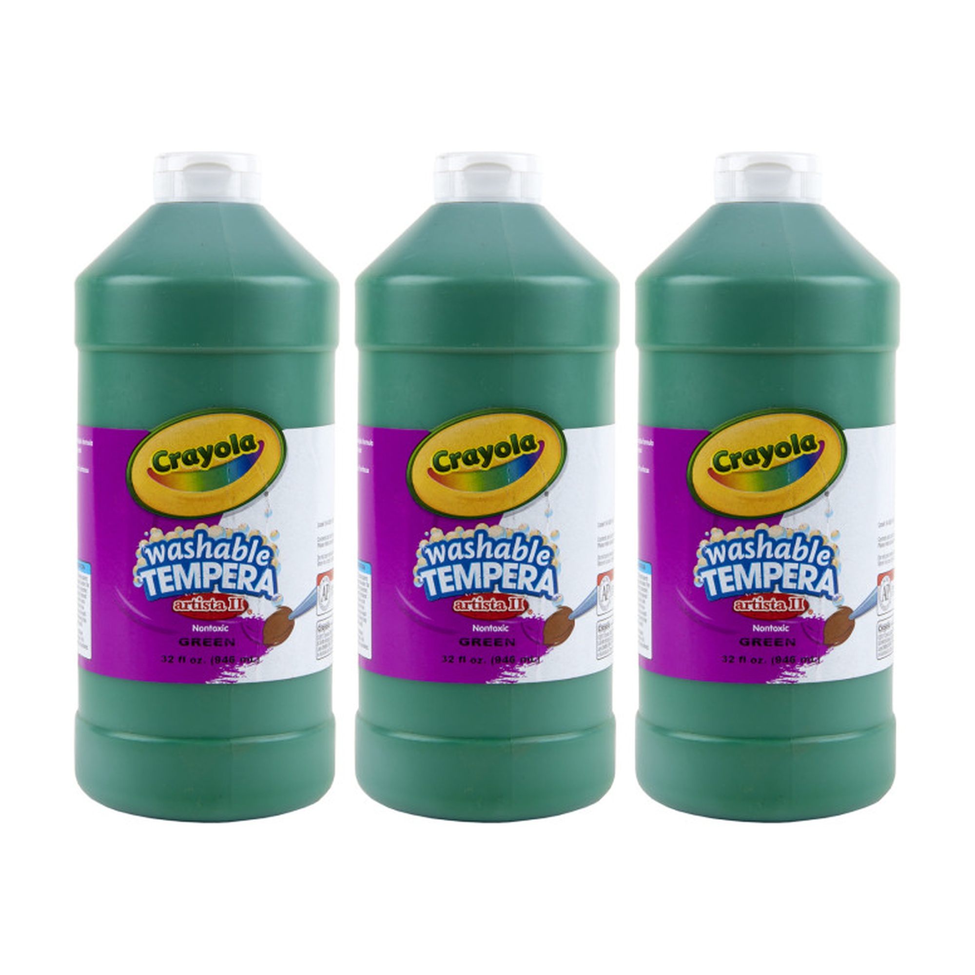 Washable Tempera Paint, Green, 32 oz Bottles, Pack of 3