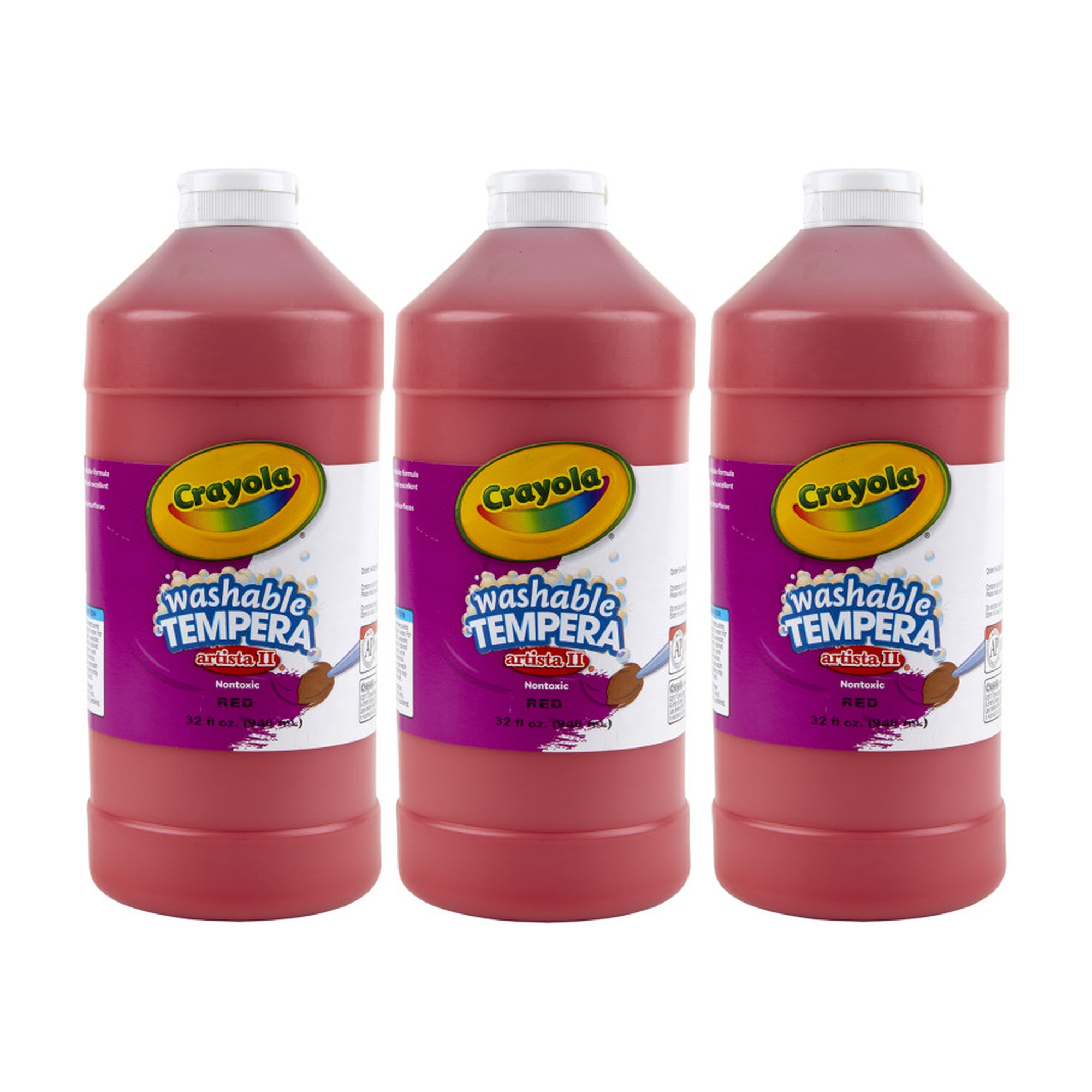 Washable Tempera Paint, Red, 32 oz Bottles, Pack of 3
