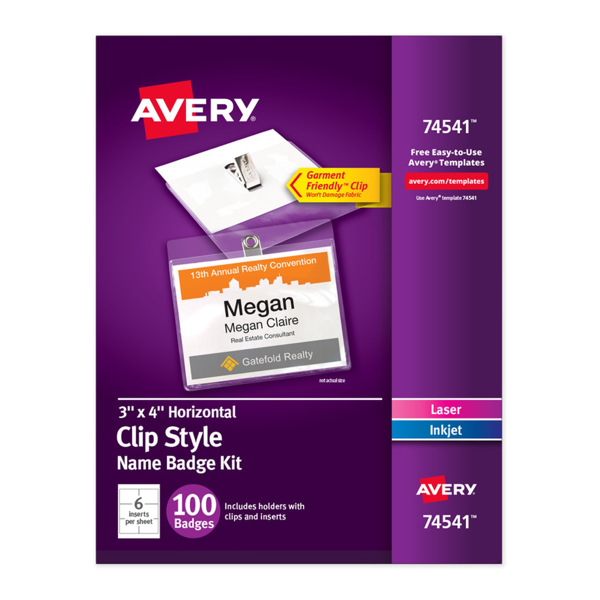 Clip-Style Name Badge Holders with Printable Inserts, 3 x 4, 100 Pack