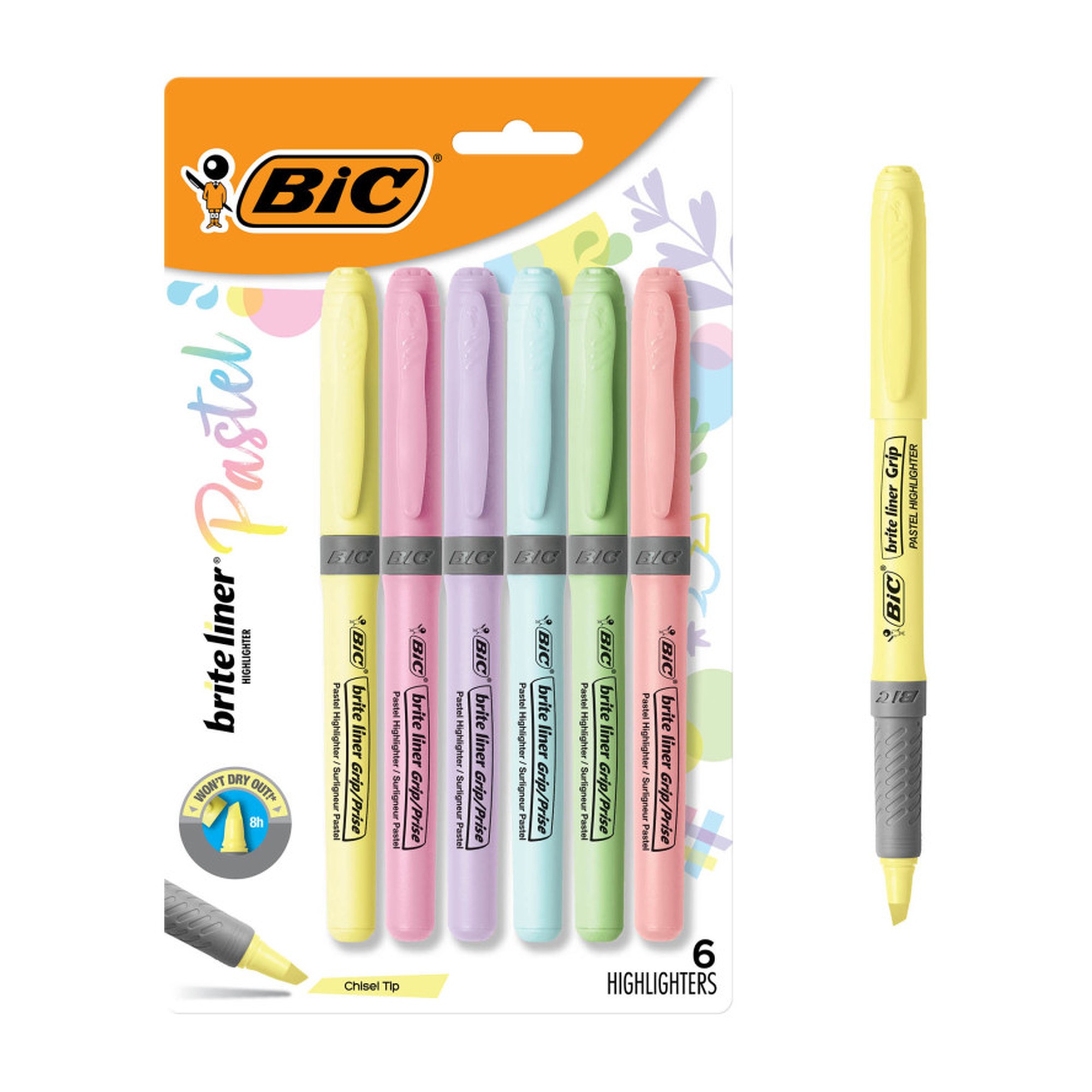 Pastel Grip Highlighters, Chisel Tip, Assorted Colors, 6 Pack