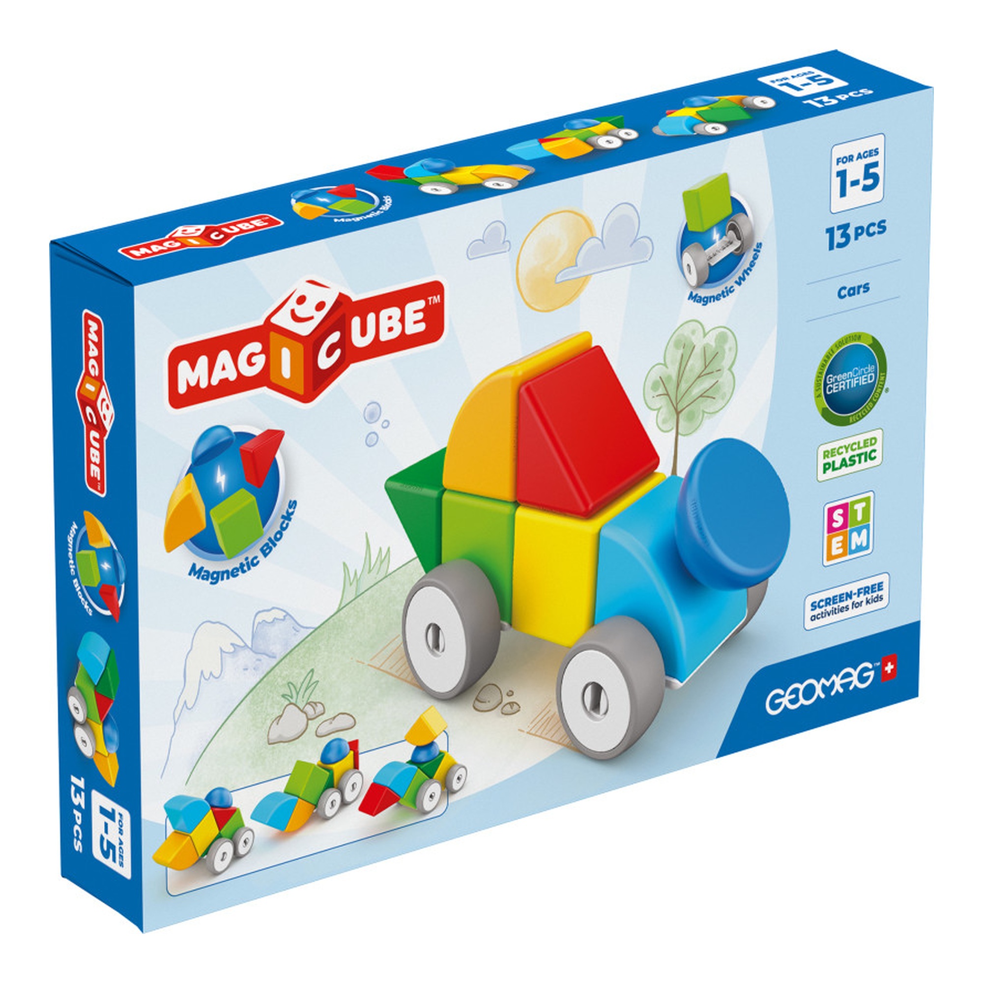 Magnetic Building Cubes with Cars, 13 Pieces