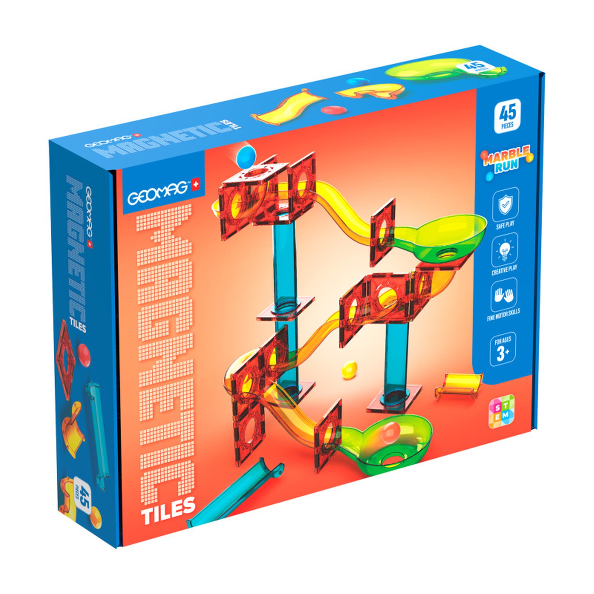 Magnetic Tile Marble Run Construction Set, 45 Pieces