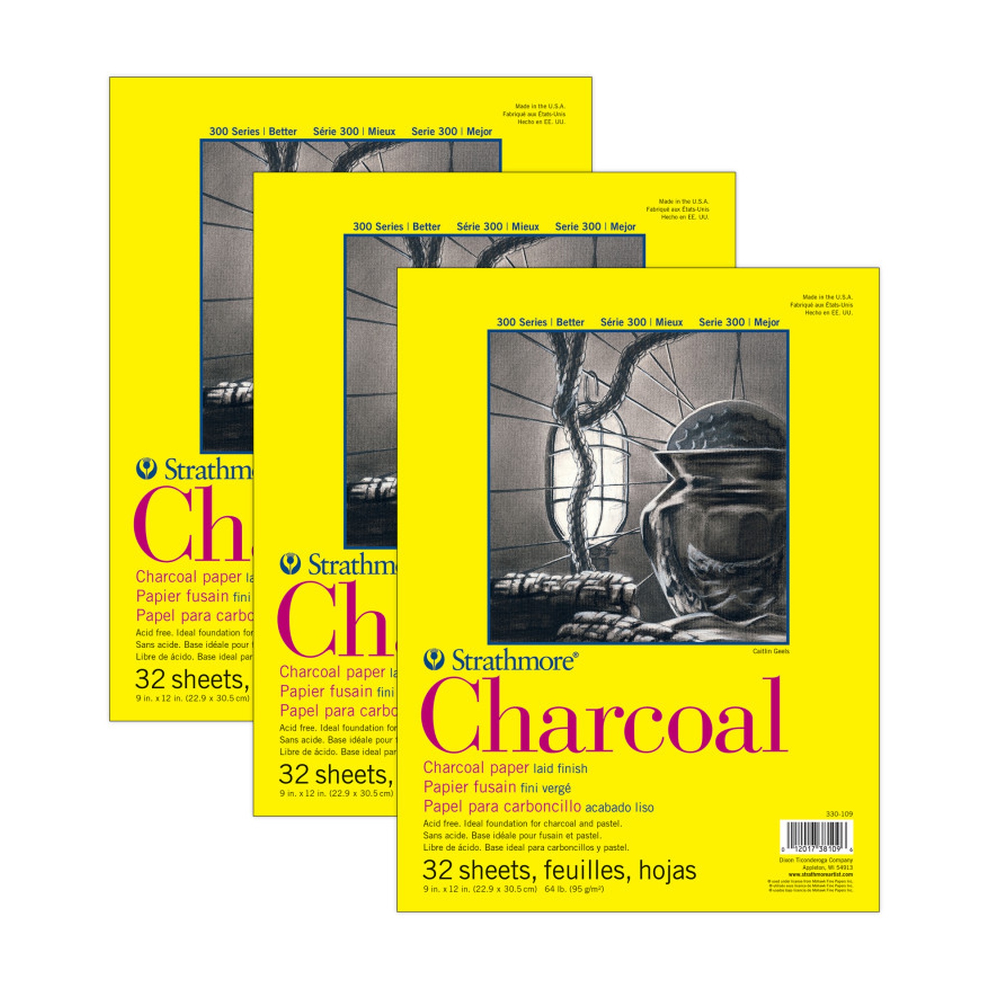 300 Series Charcoal Paper Pads, 9 x 12 Inches, 32 Sheets, Pack of 3