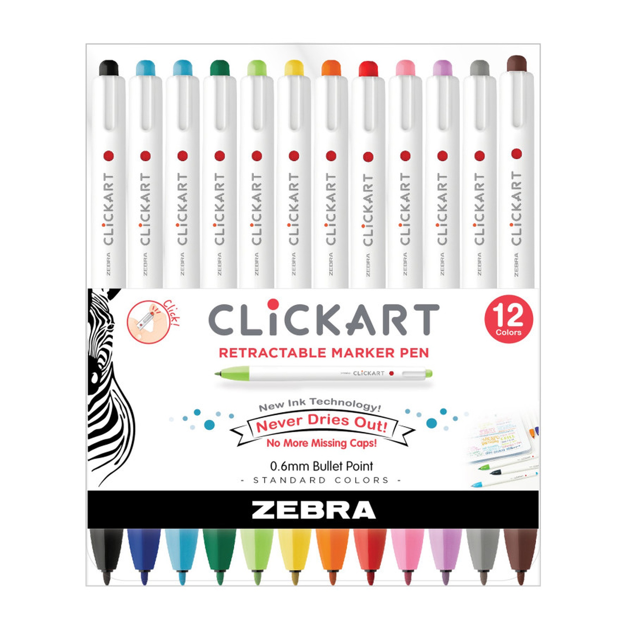 Retractable Marker Pens, 0.6 mm, Assorted Colors, 12-Pack