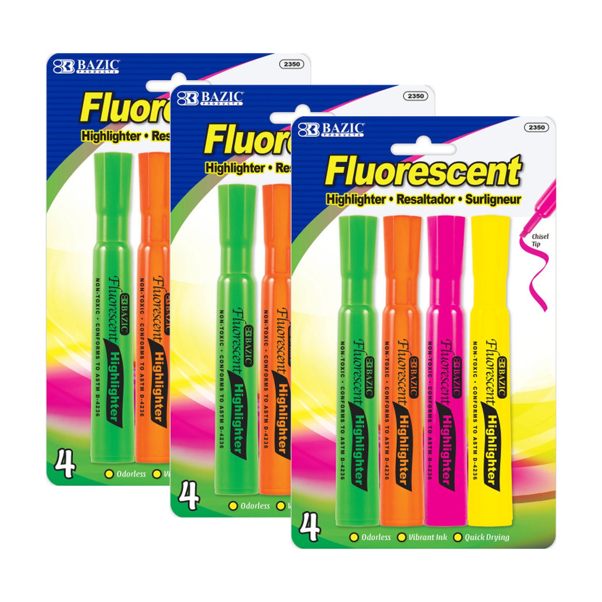 Desk-Style Fluorescent Highlighters, Assorted Colors, 12 Count