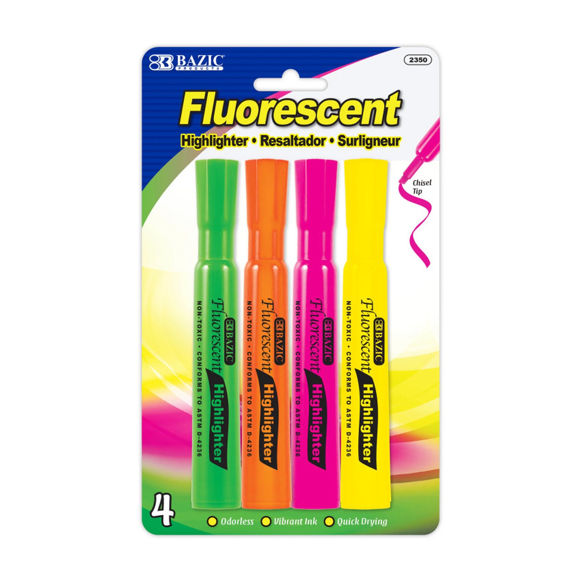 Desk-Style Fluorescent Highlighters, Assorted Colors, 4-Pack