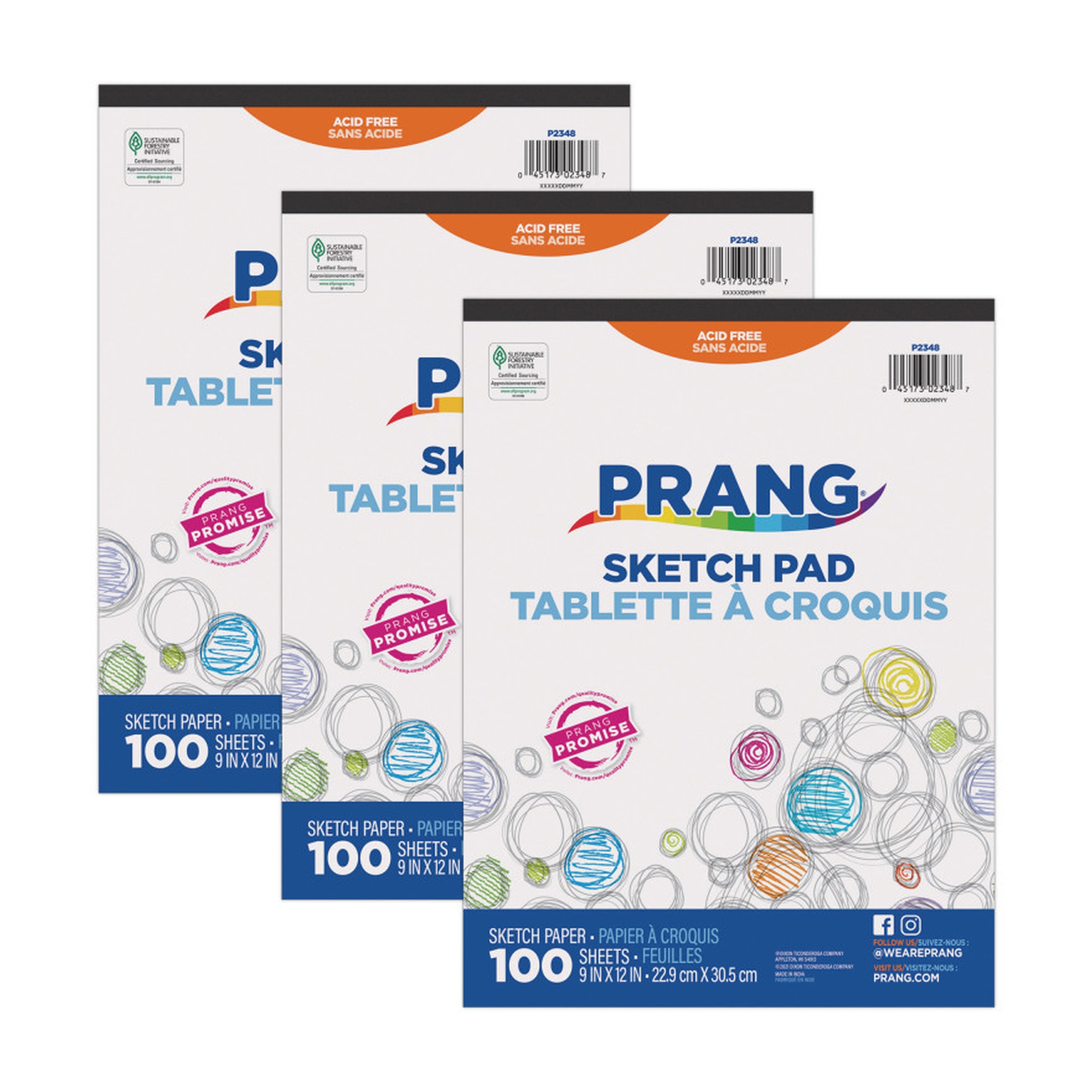 Dry Media Sketch Pads, 9 x 12, 100 Sheets, Pack of 3