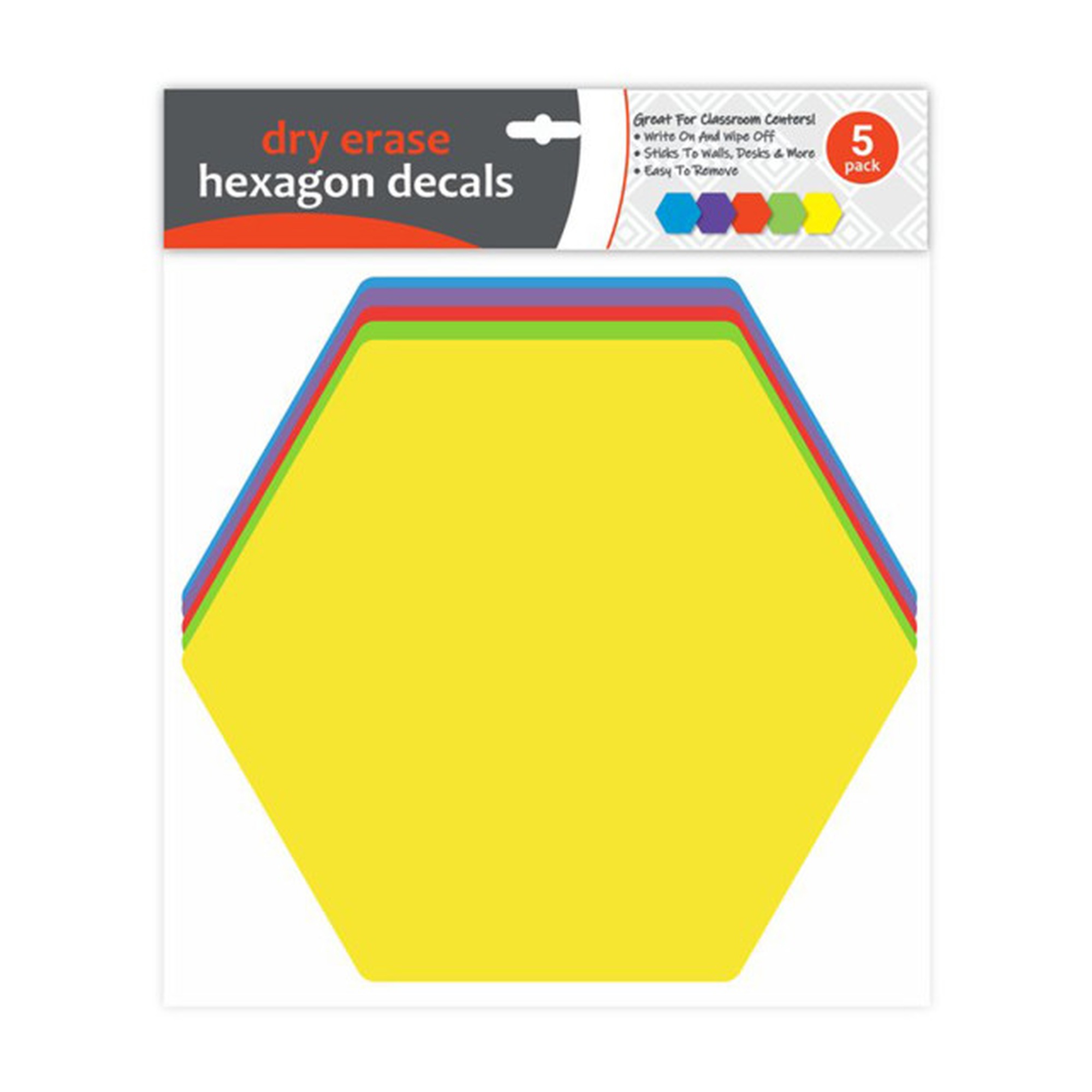 Dry Erase Hexagon Decals, Assorted Colors, 5-Pack