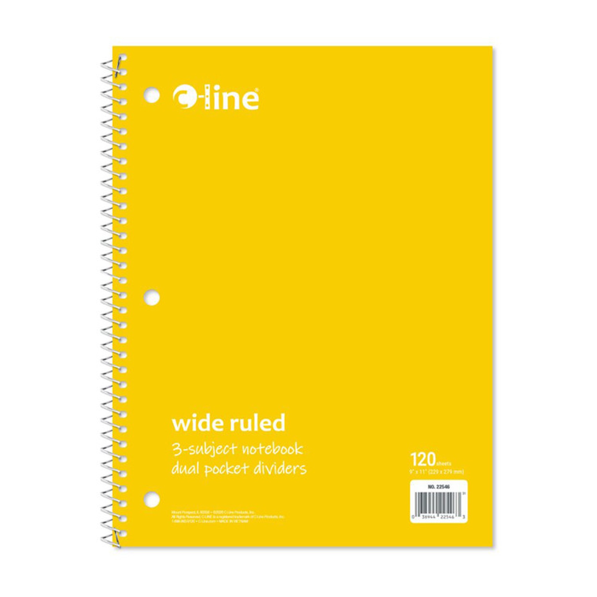 Yellow Wide-Ruled 3-Subject Notebook, 120 Sheets