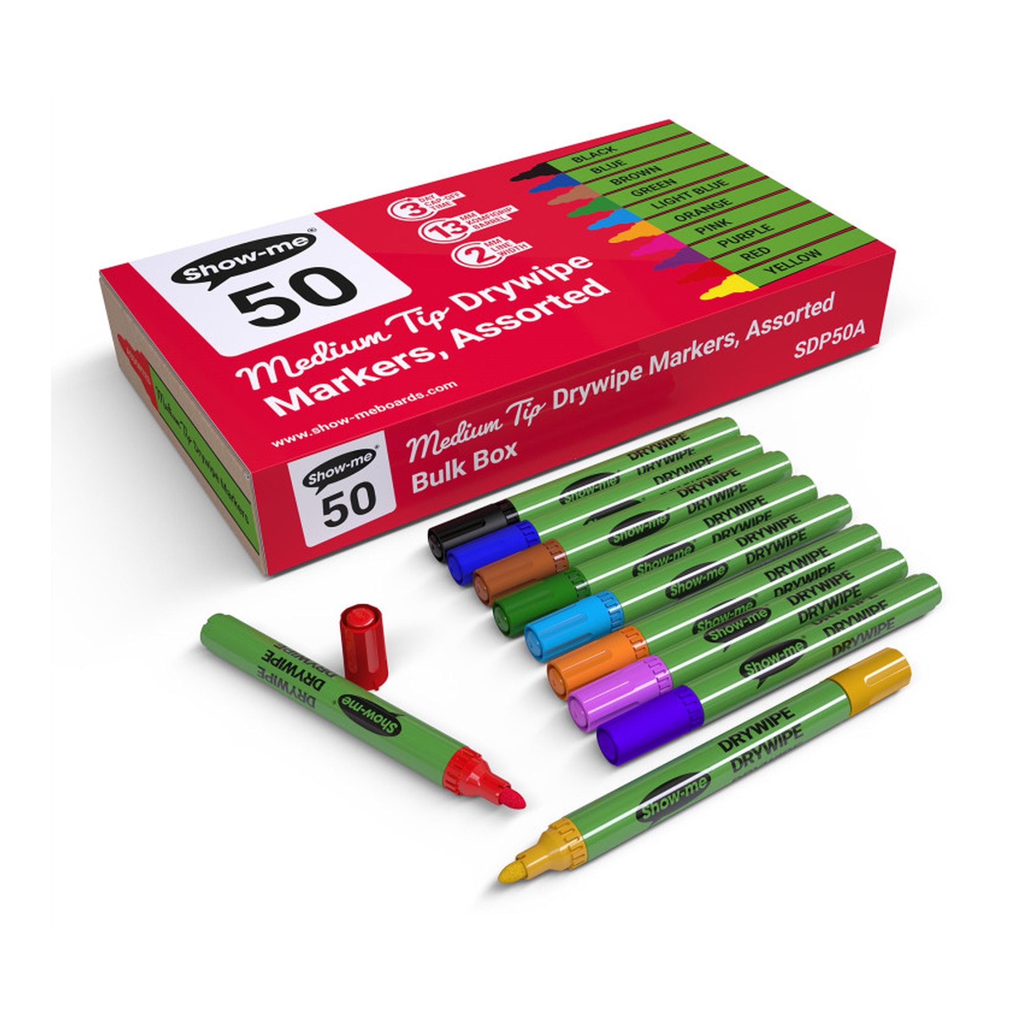 Assorted Medium-Tip Slim-Barrel Dry Erase Markers, Box of 50