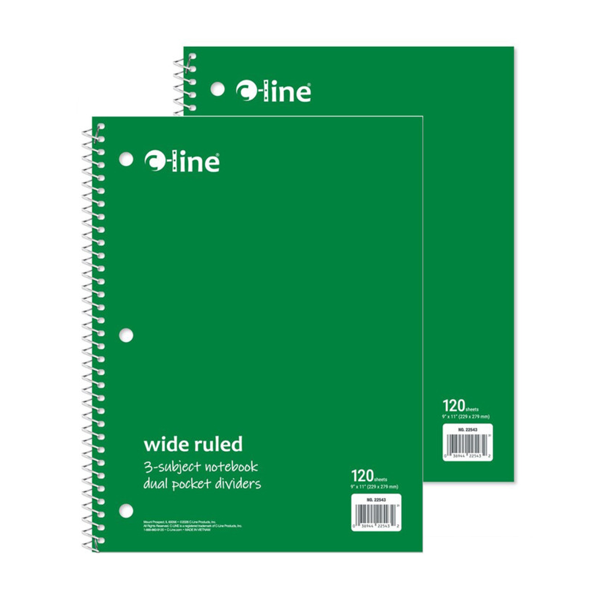 Green Wide-Ruled 3-Subject Notebooks, 120 Sheets, 2-Pack