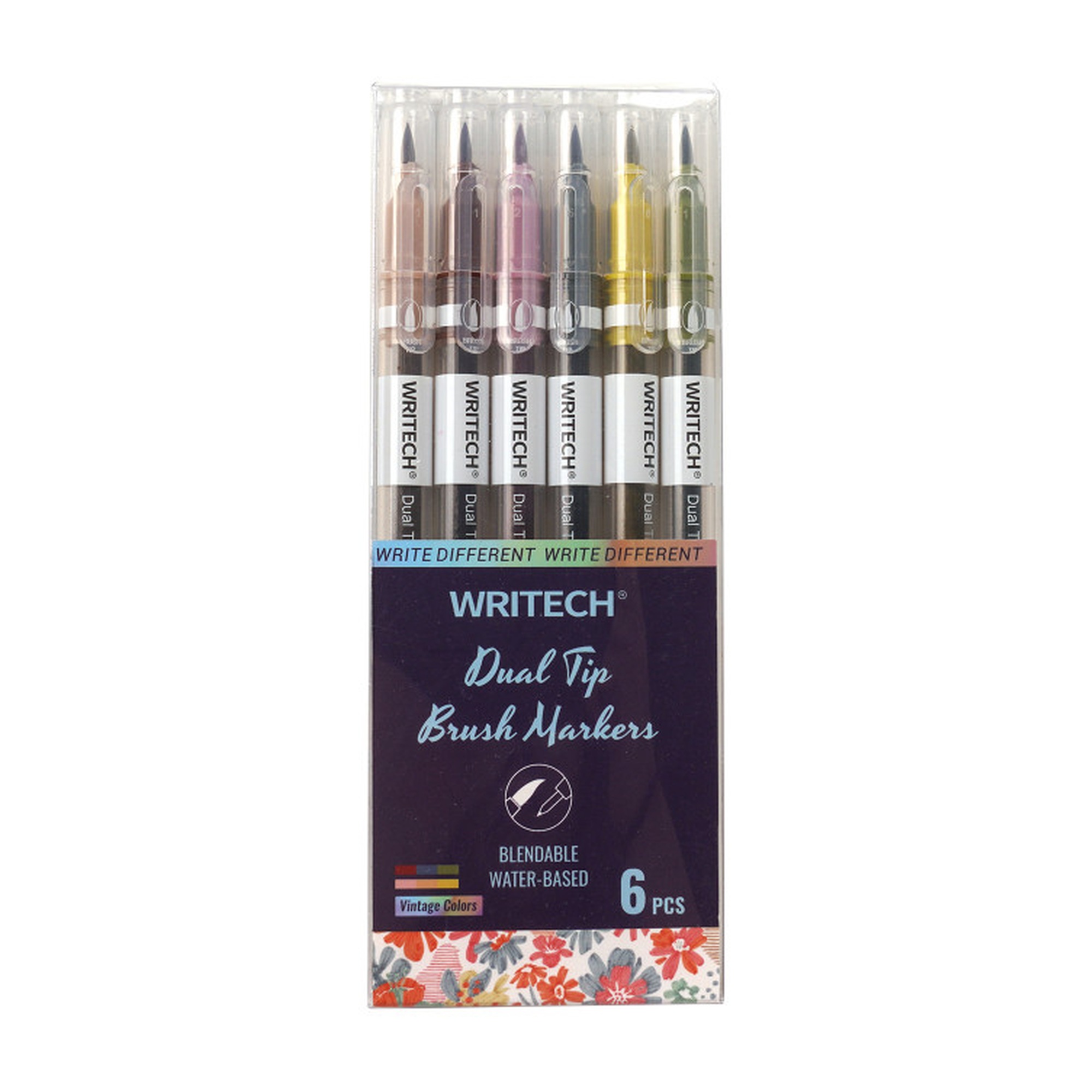 Dual Tip Brush Pens, Vintage Colors, 6-Pack