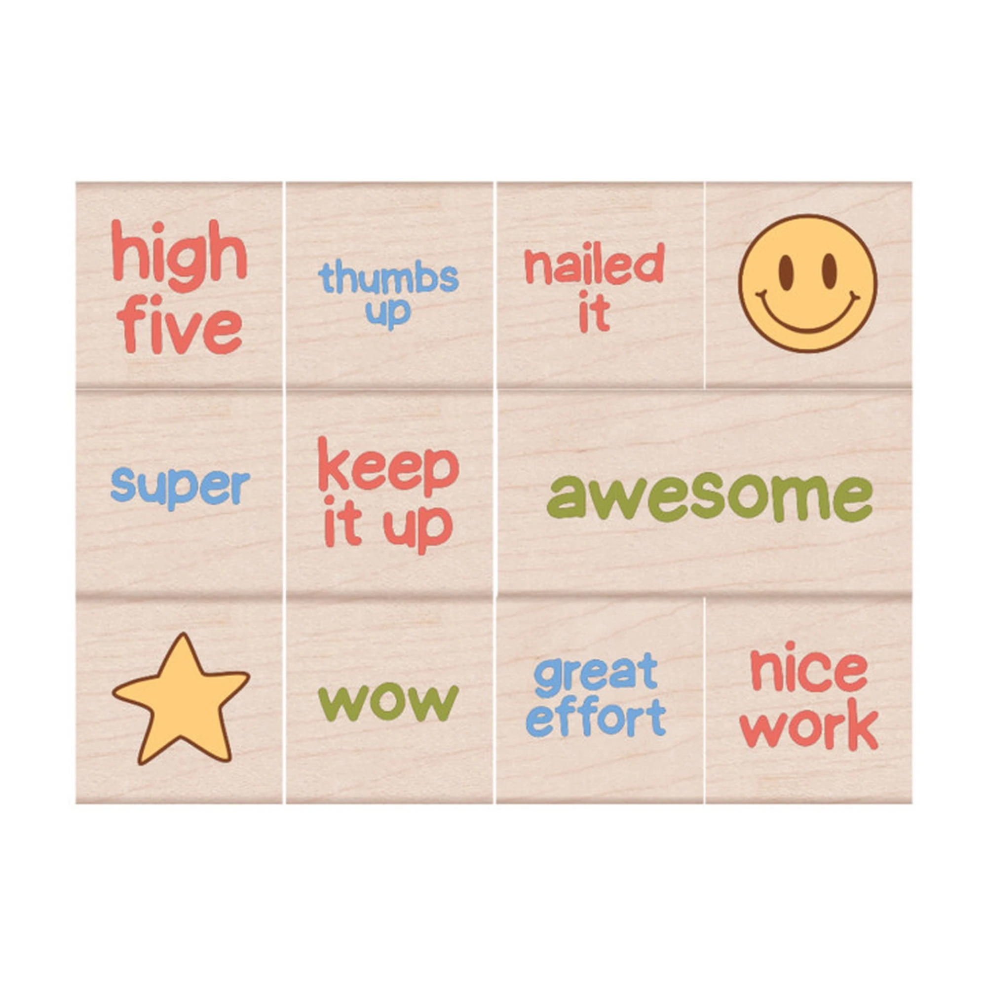 Encouraging Messages & Icons Woodblock Reward Stamp Set, 11 Pieces