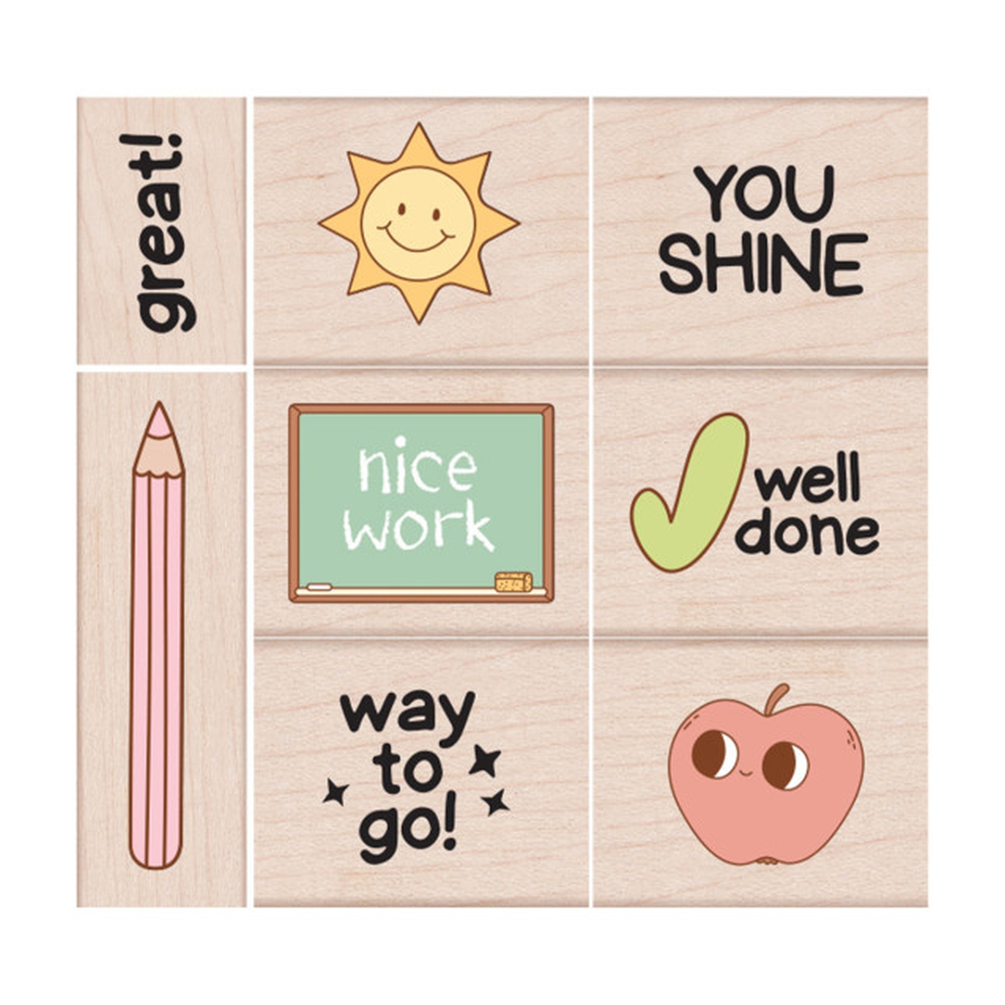 Positive Message and Icon Woodblock Reward Stamps, 8-Piece Set