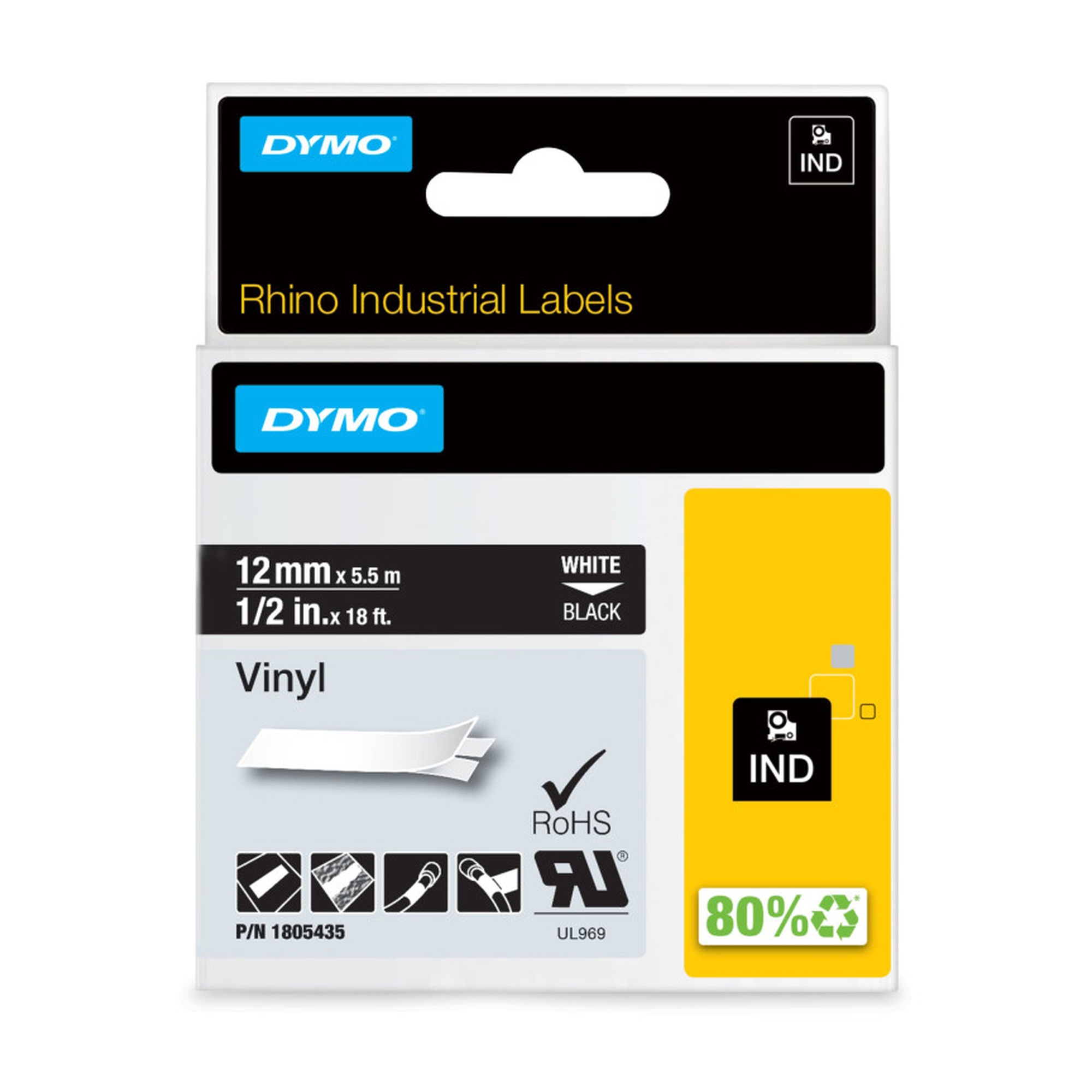 Industrial Vinyl Label Tape, 1/2 in., White on Black