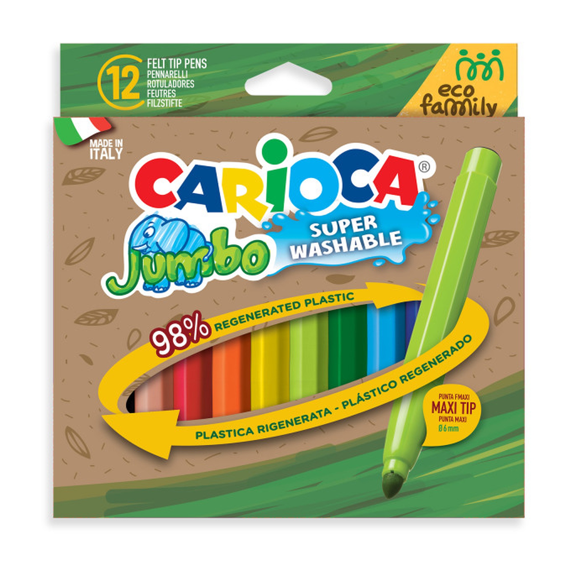 Eco Jumbo Washable Felt Tip Pens, Assorted Colors, 12 Pack