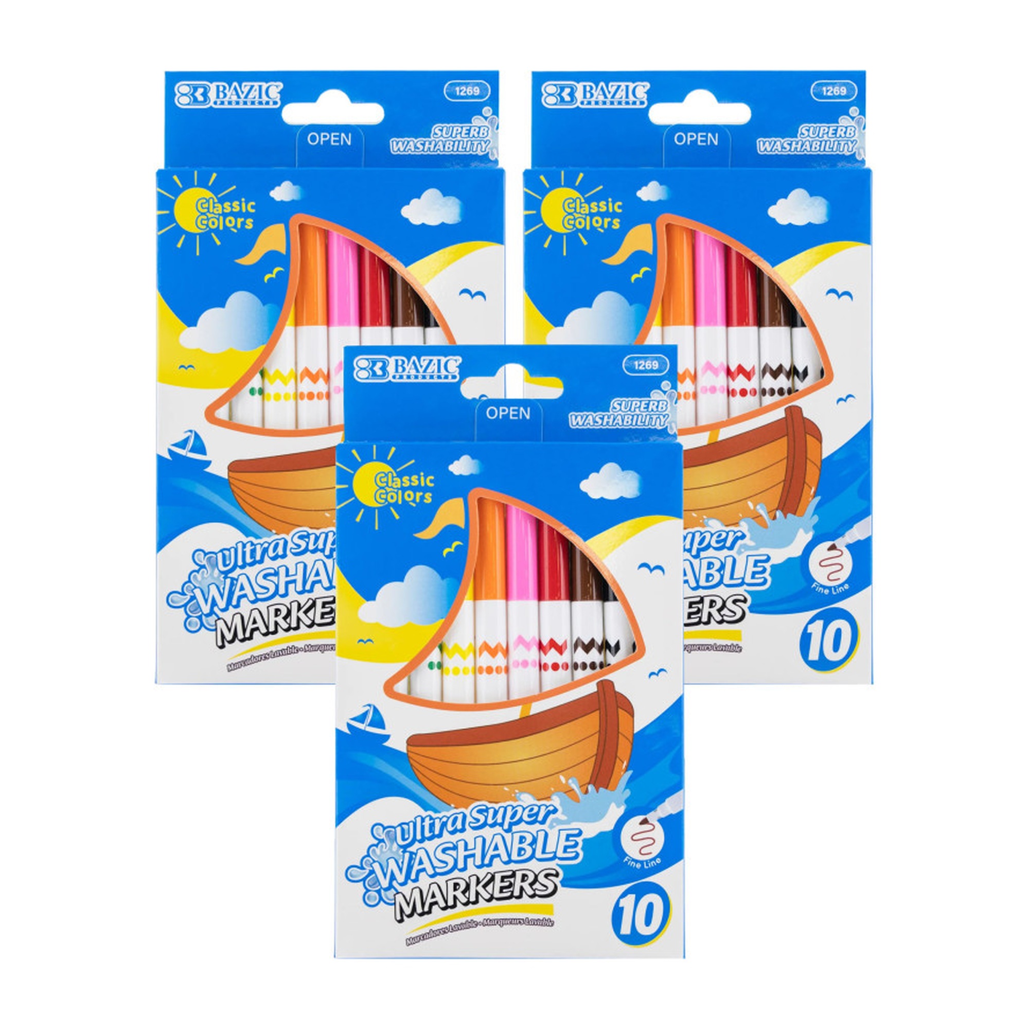 Fine Line Super Washable Markers, Assorted Colors, 3 Packs