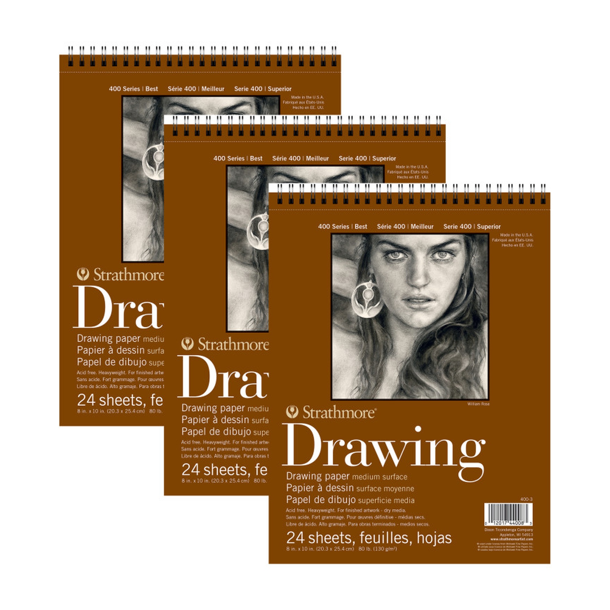 Smooth Wirebound Drawing Pads, 8 x 10 in., 24 Sheets, Pack of 3