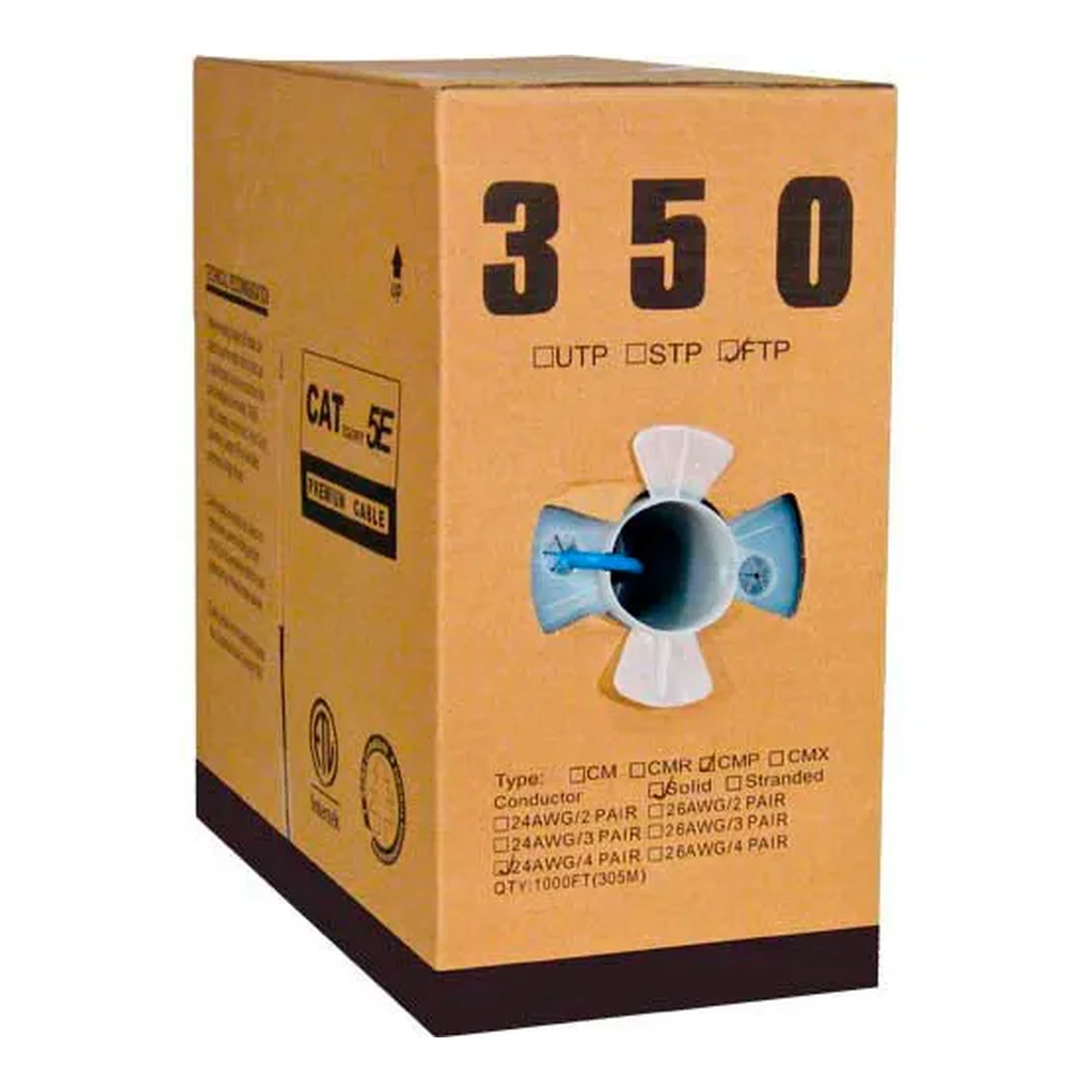 Blue 1000-foot pull box of Cat 5e shielded plenum data cable