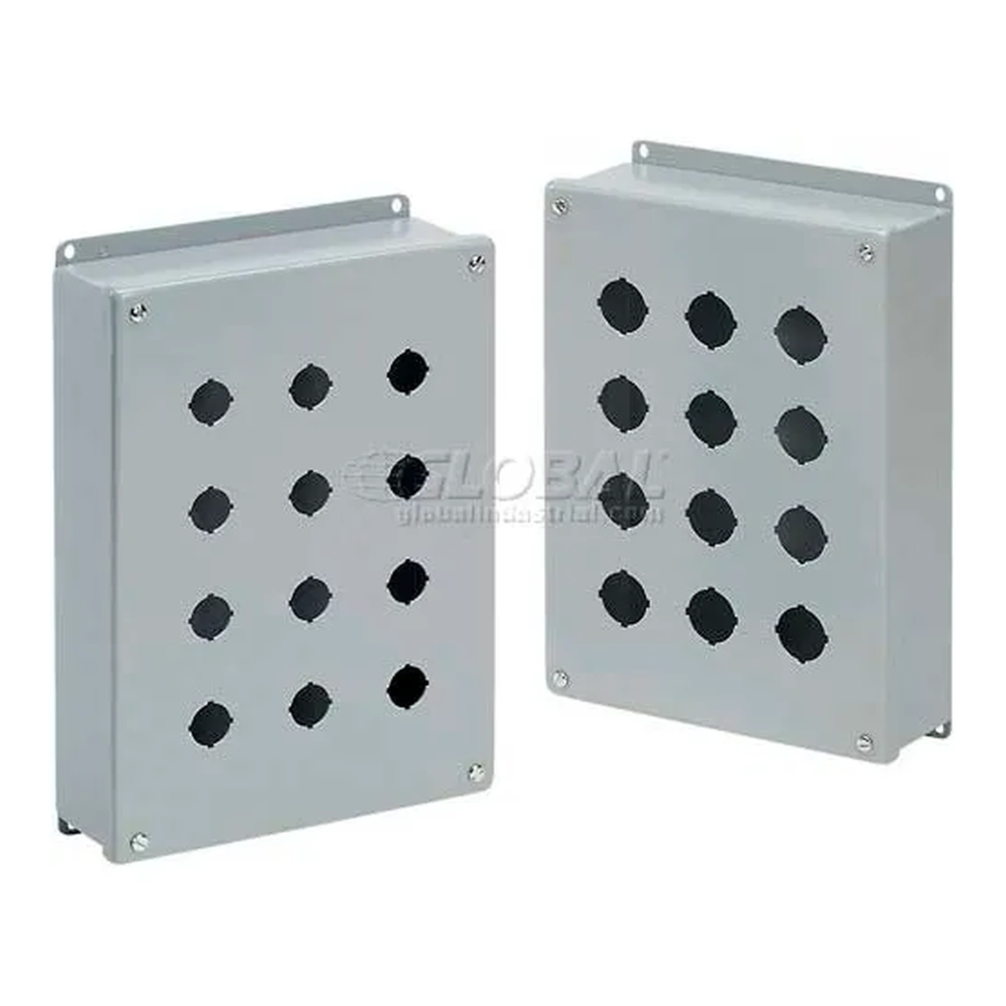 Gray six-position steel pushbutton enclosure with wall-mounting brackets