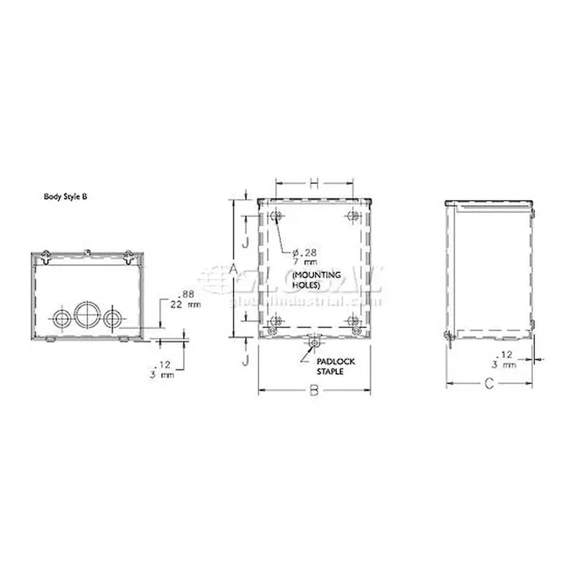 Gray Type 3R steel wiring enclosure with screw cover and knockout pattern