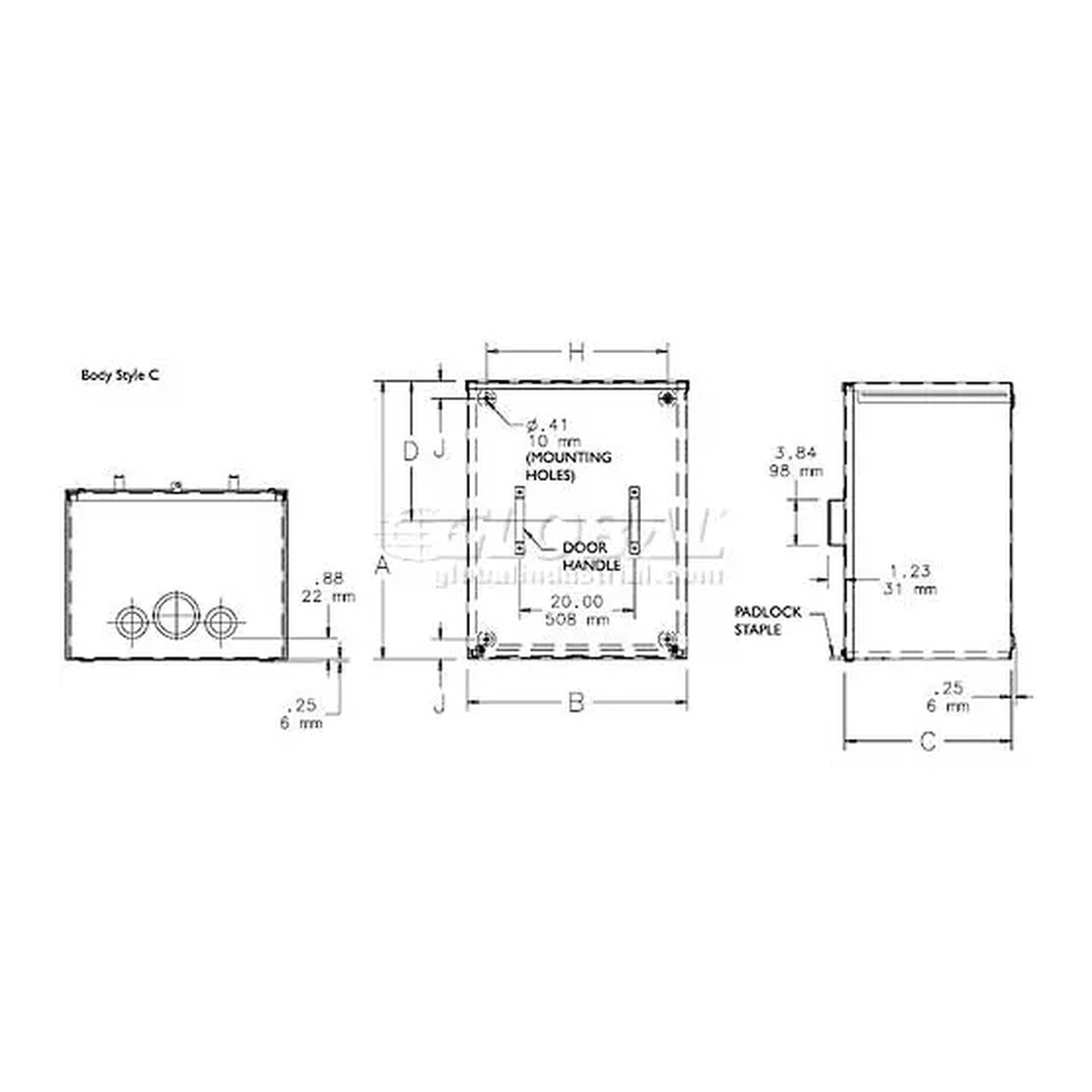 Gray Type 3R steel wiring enclosure with screw cover and knockout pattern