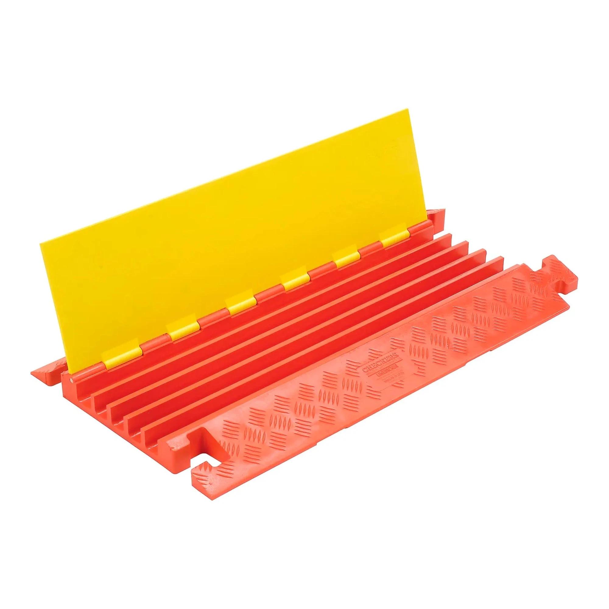 Yellow and orange heavy-duty five-channel cable guard with a diamond-plate surface