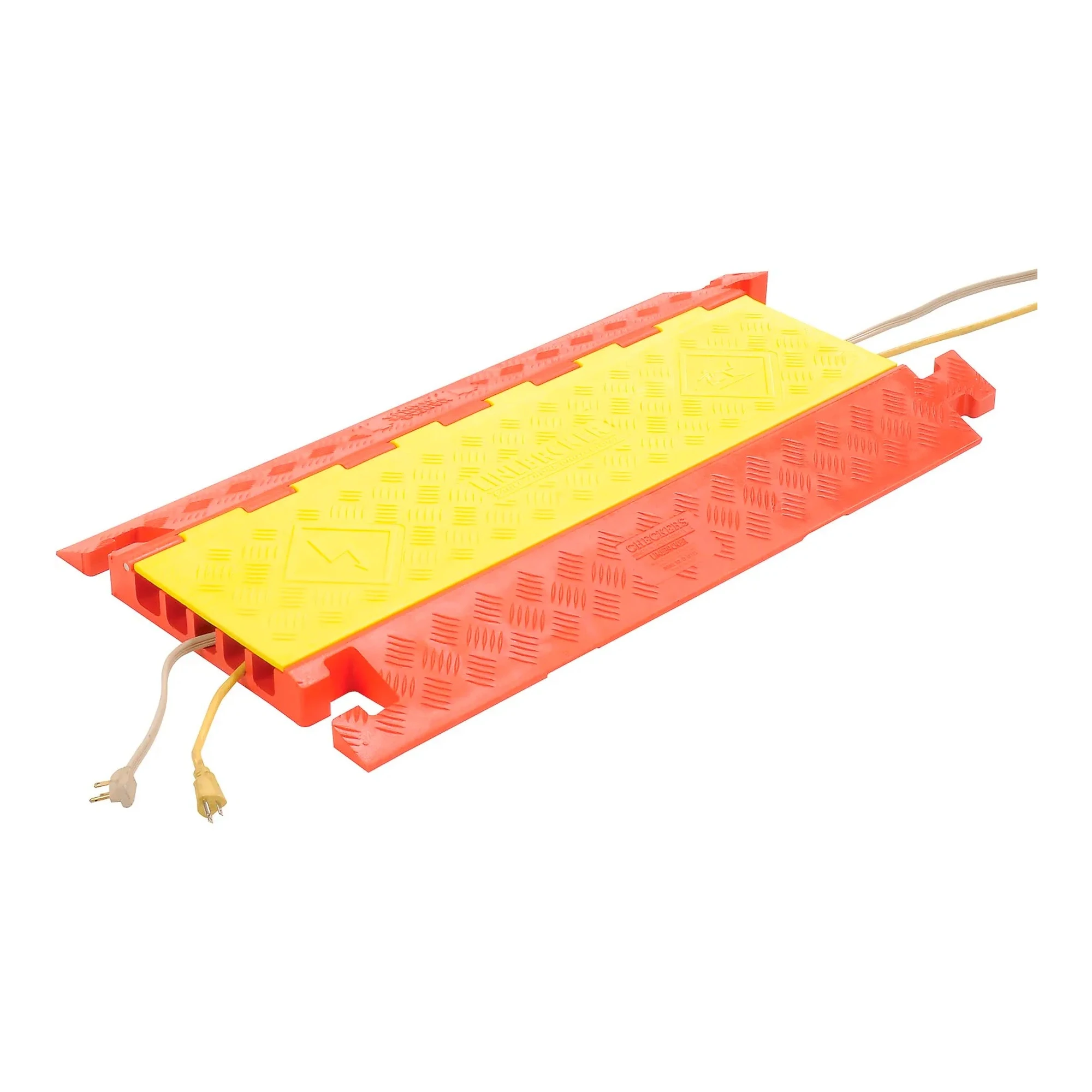 Yellow and orange heavy-duty five-channel cable guard with a diamond-plate surface