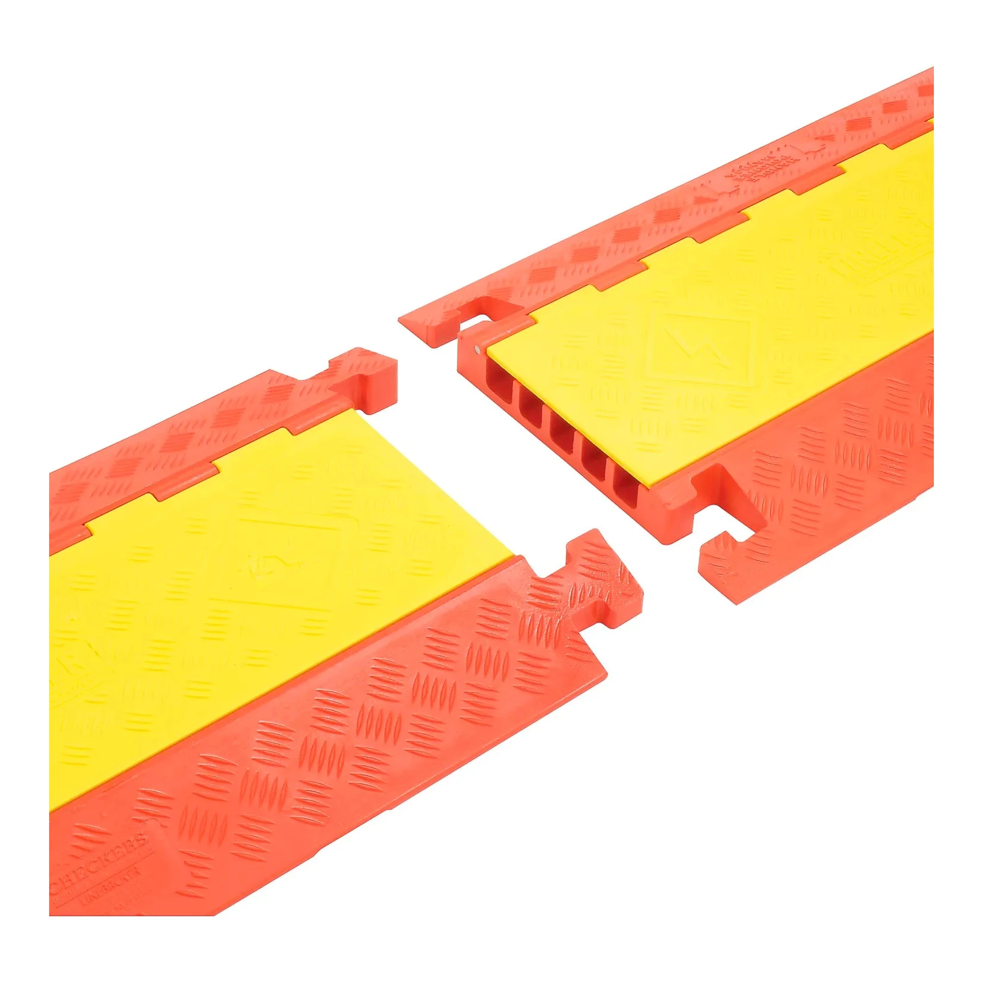 Yellow and orange heavy-duty five-channel cable guard with a diamond-plate surface
