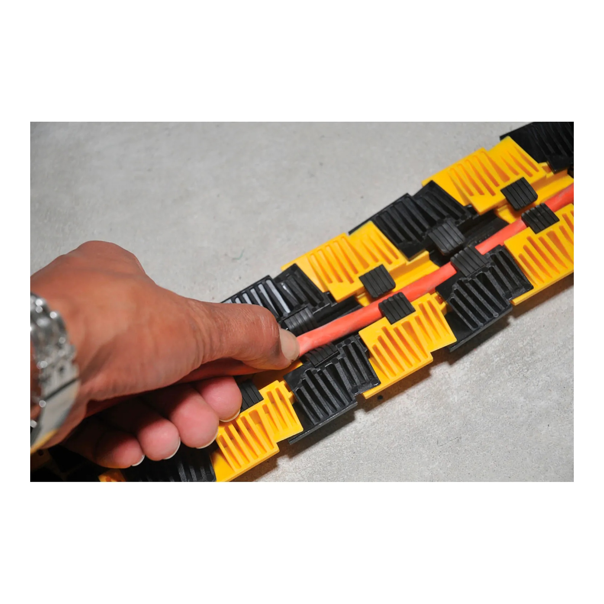Gray articulating cable protector system with end caps