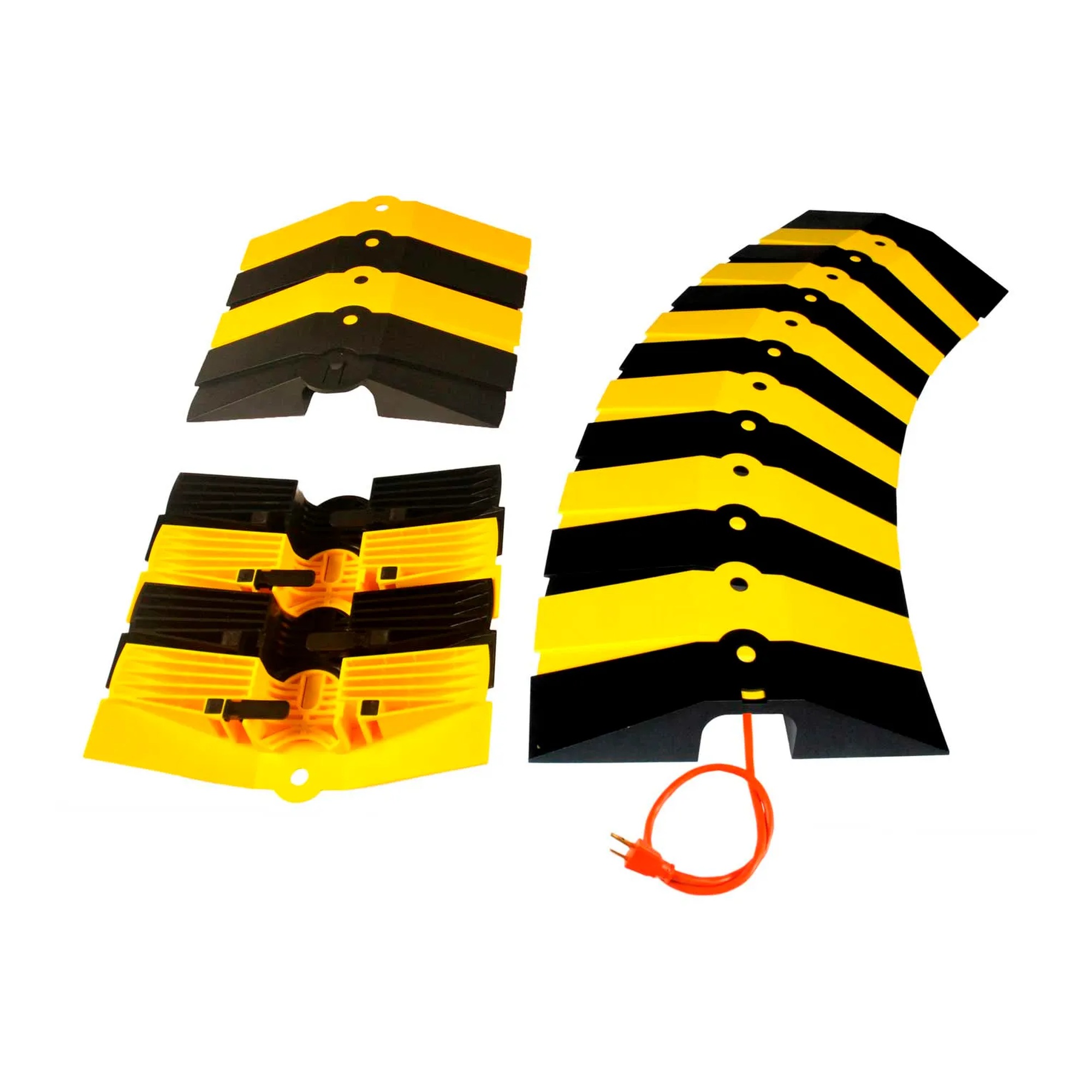 Large black and yellow articulating cable protector for floor cables