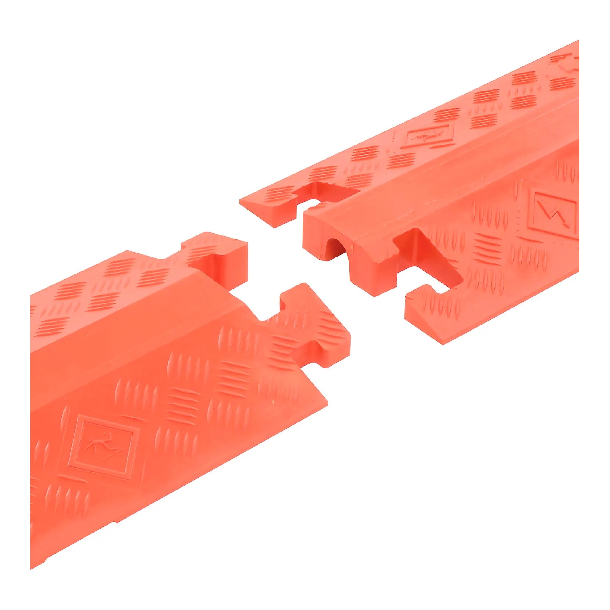 Orange single-channel drop-over cable guard with diamond-plate surface