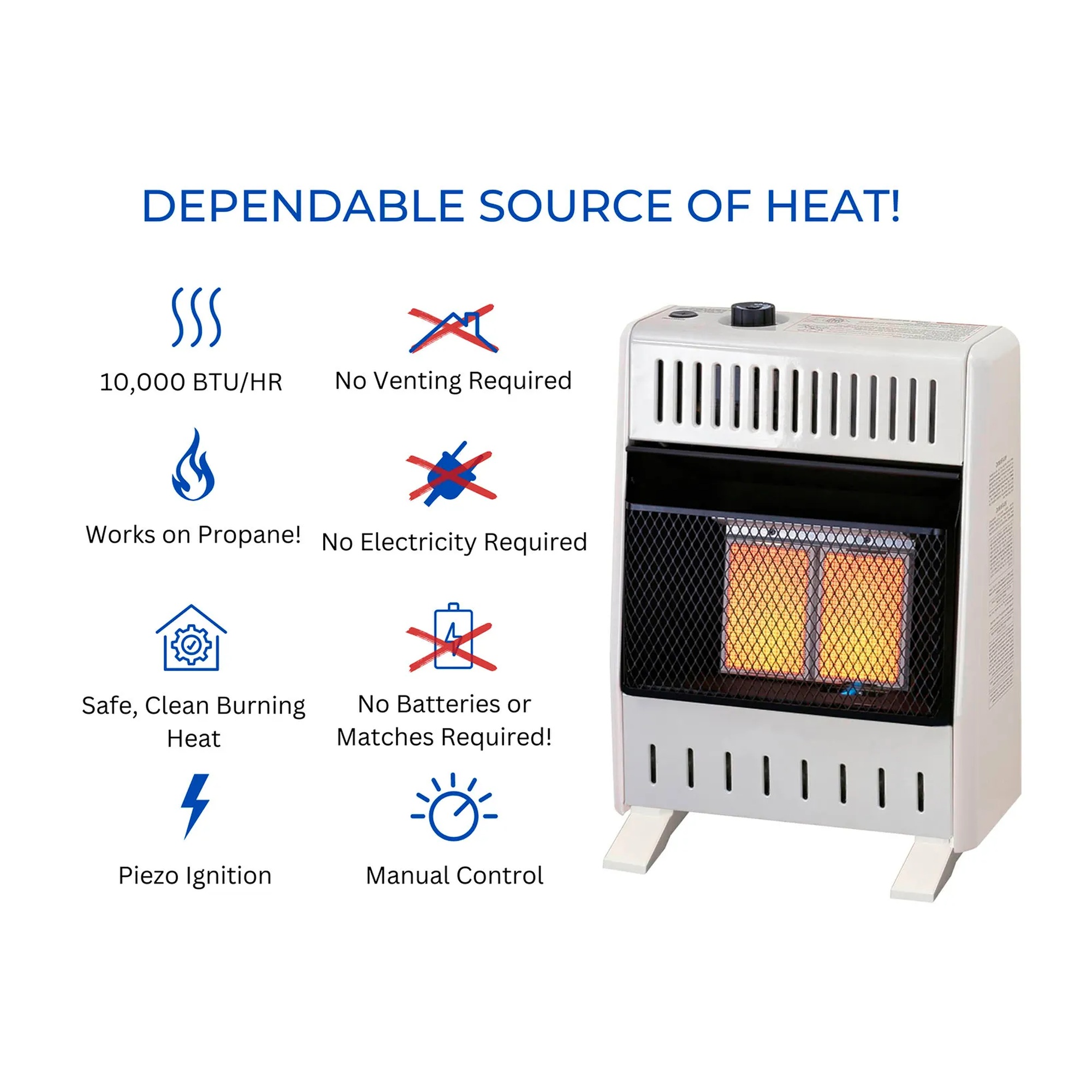 White propane vent-free infrared heater with manual control
