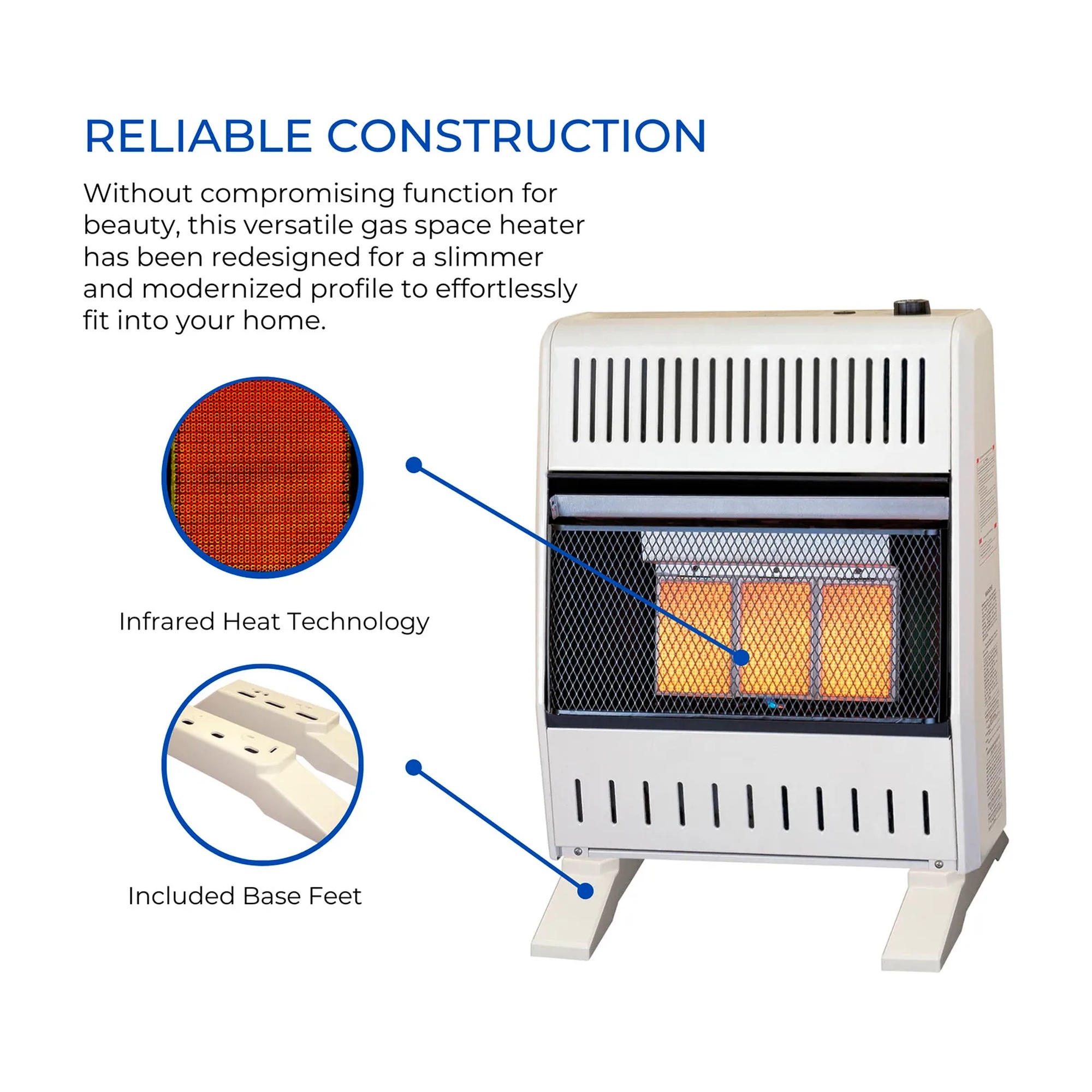 White natural gas ventless infrared plaque heater with base feet