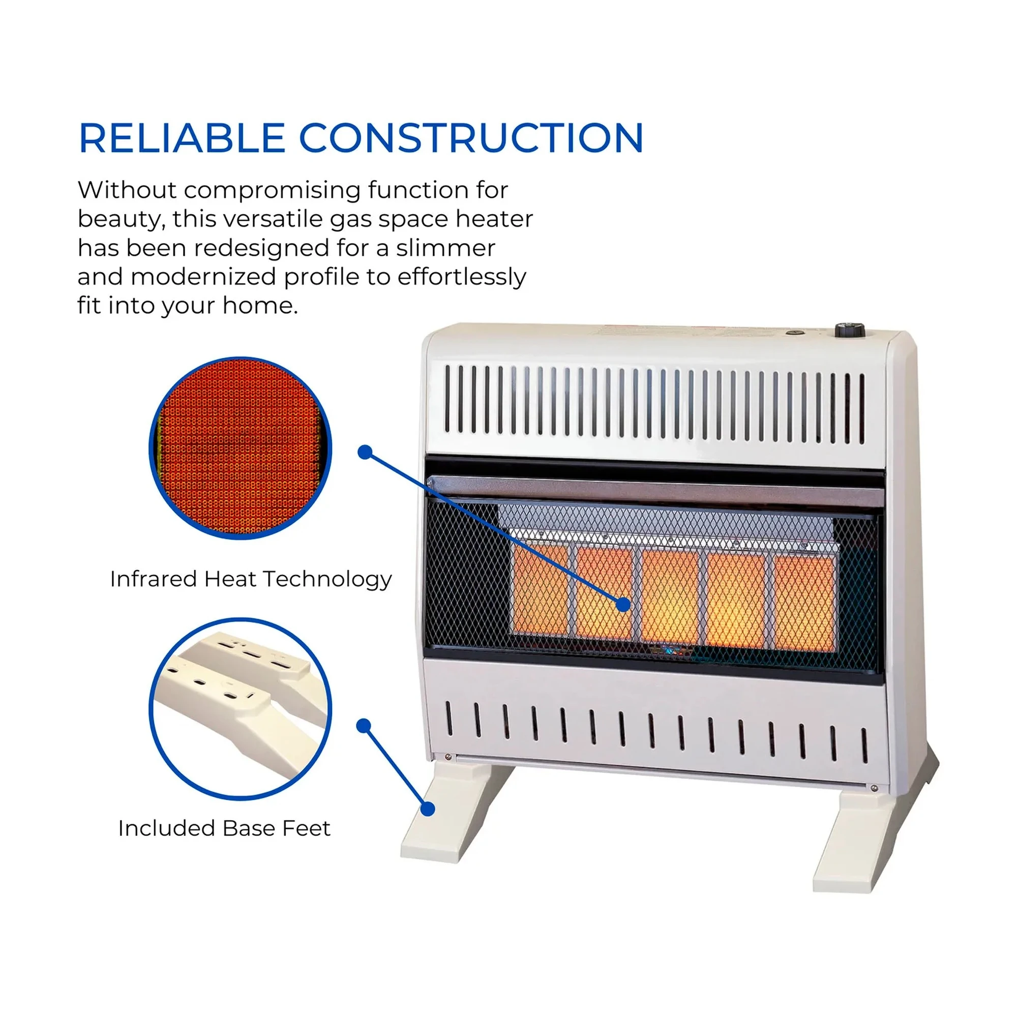 White natural gas ventless infrared plaque heater with base feet