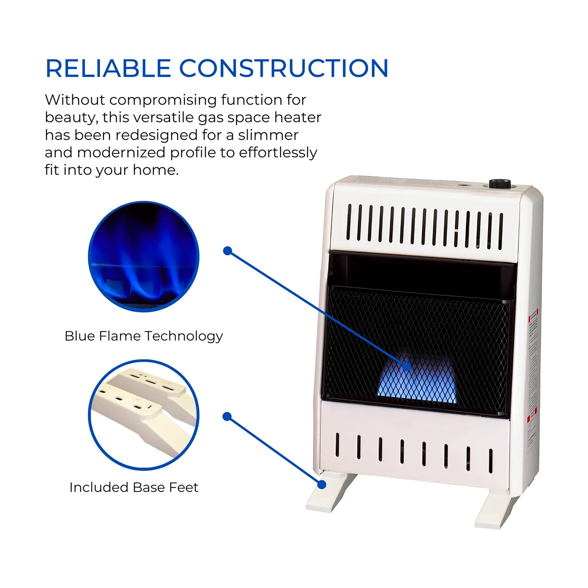 White natural gas ventless blue flame heater with base feet and thermostat control