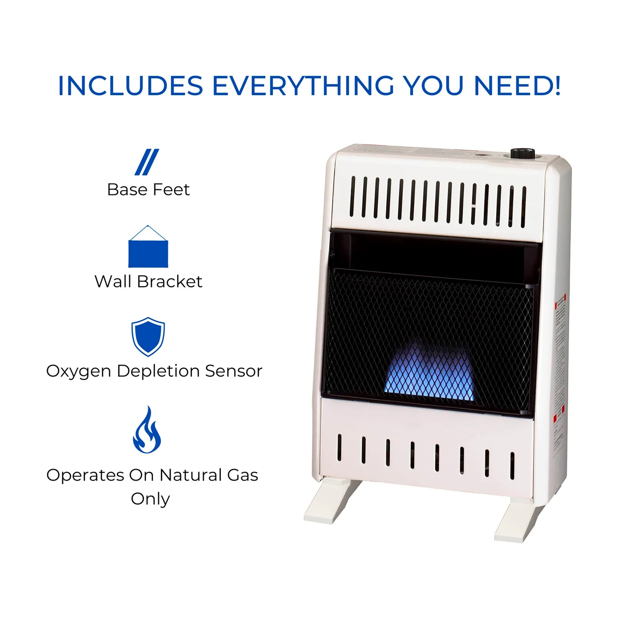 White natural gas ventless blue flame heater with base feet and thermostat control