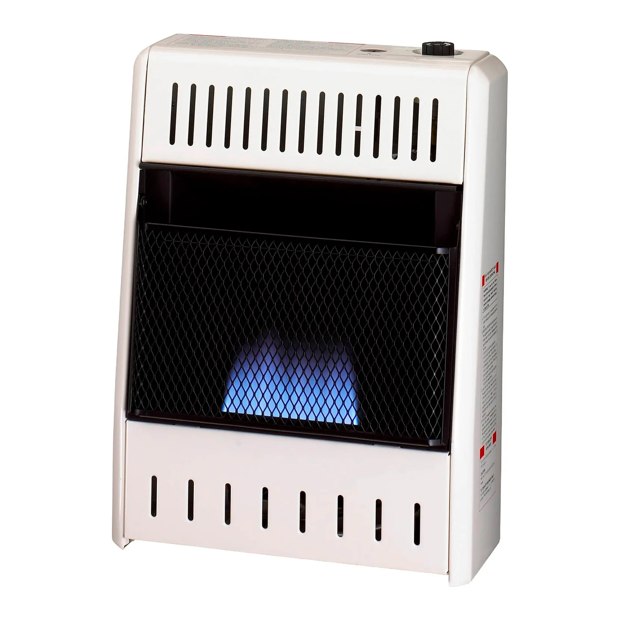 White natural gas ventless blue flame heater with base feet and thermostat control