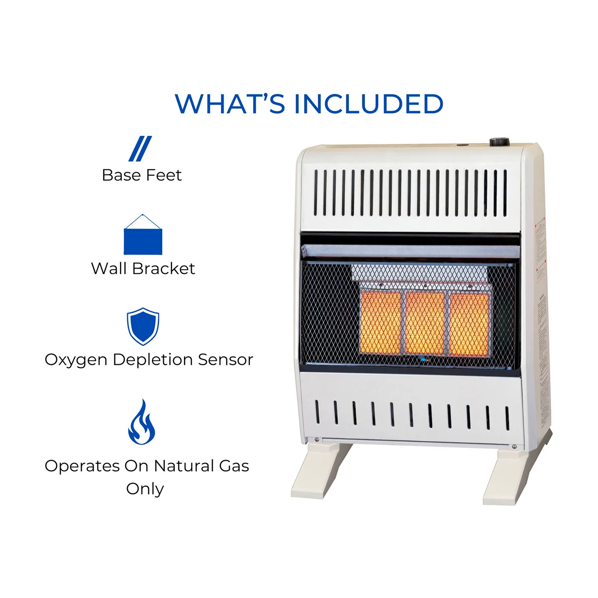 White natural gas vent-free infrared heater with manual controls