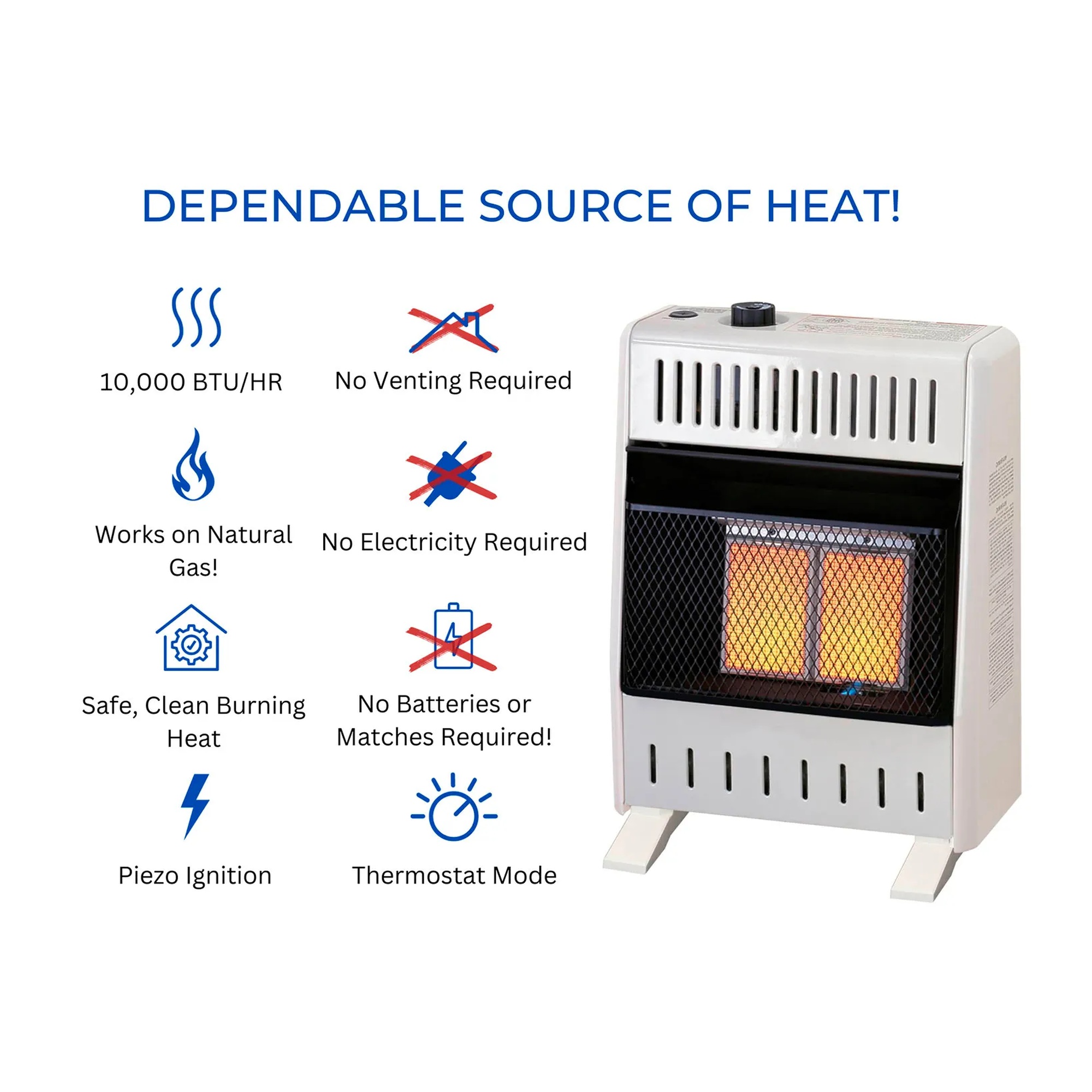 White natural gas ventless infrared plaque heater with base feet and thermostat control