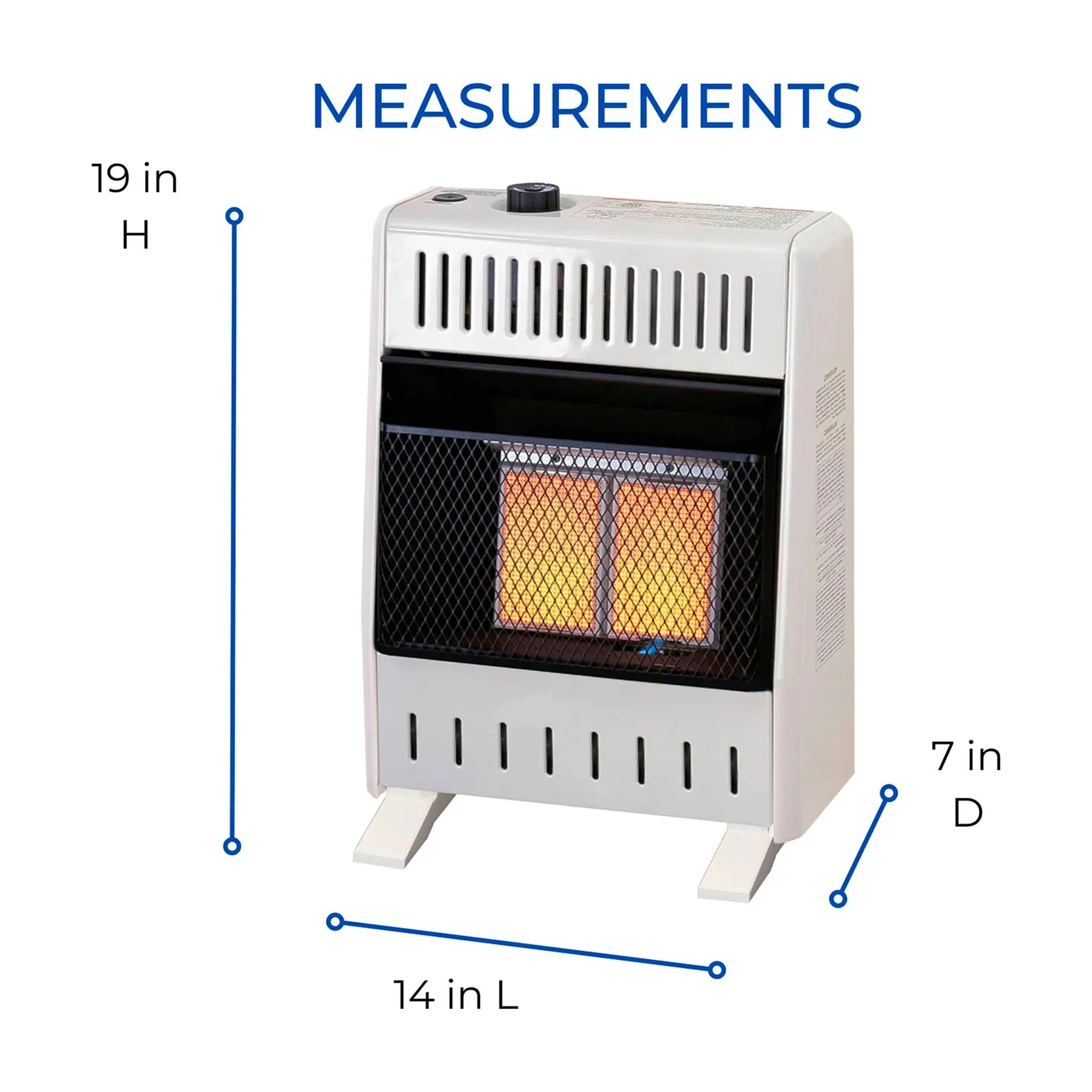 White natural gas ventless infrared plaque heater with base feet and thermostat control