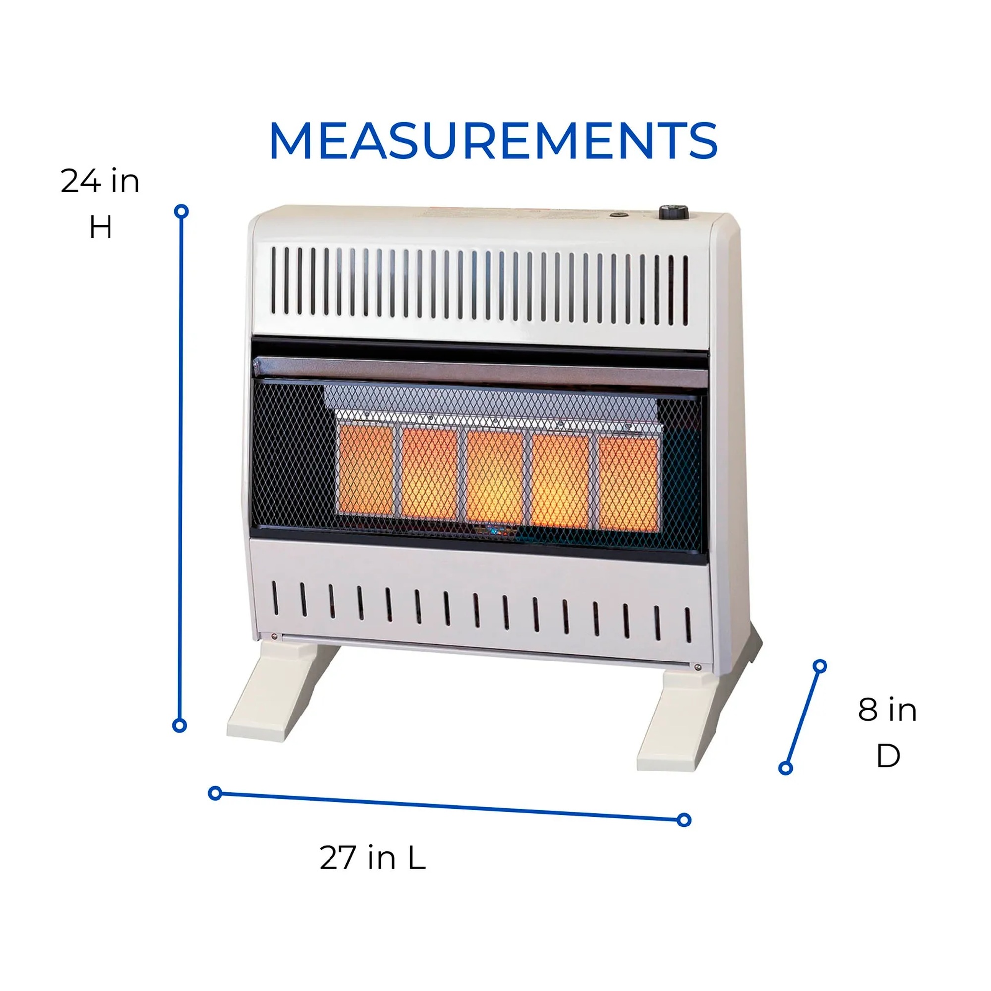White ventless propane infrared plaque heater with base feet