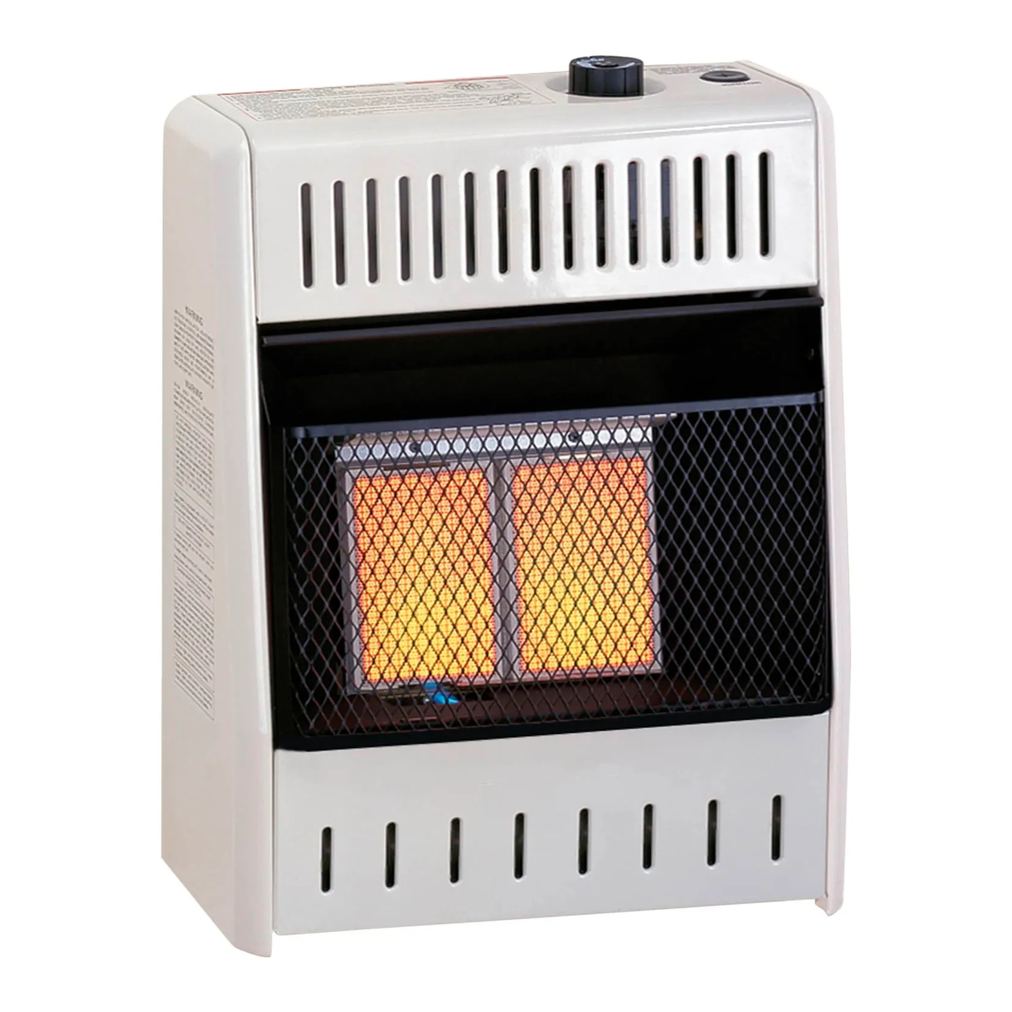 White propane ventless infrared plaque heater with base feet and thermostat control