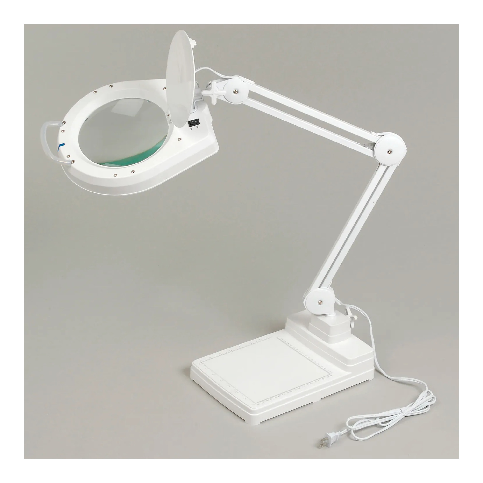 White desktop LED magnifier lamp with a 3-diopter magnifying lens and extension arm