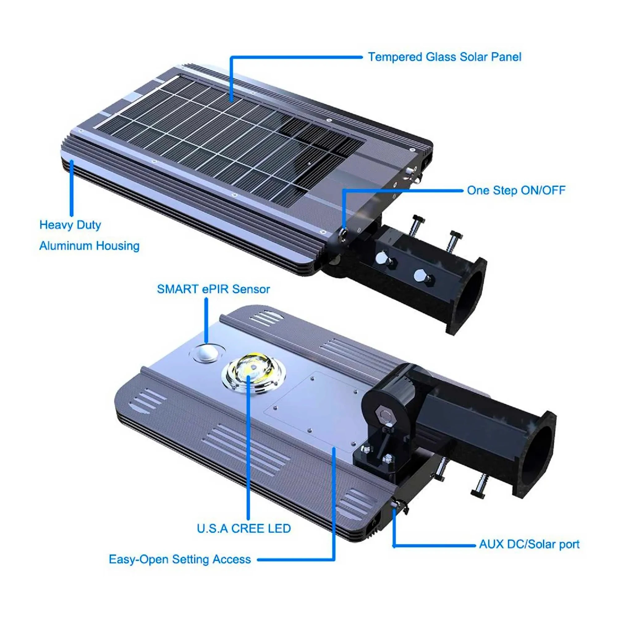 Solar-powered 10W LED outdoor area light with integrated solar panel
