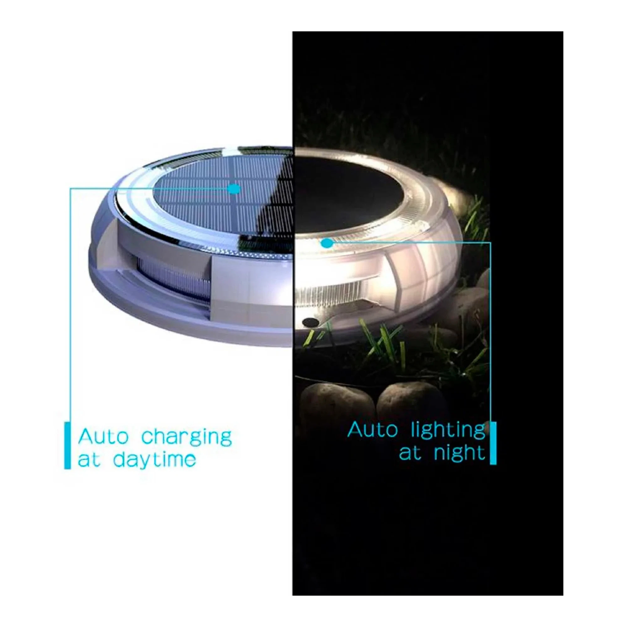 Four solar dusk-to-dawn LED garden lights with white, purple, blue, and green illumination