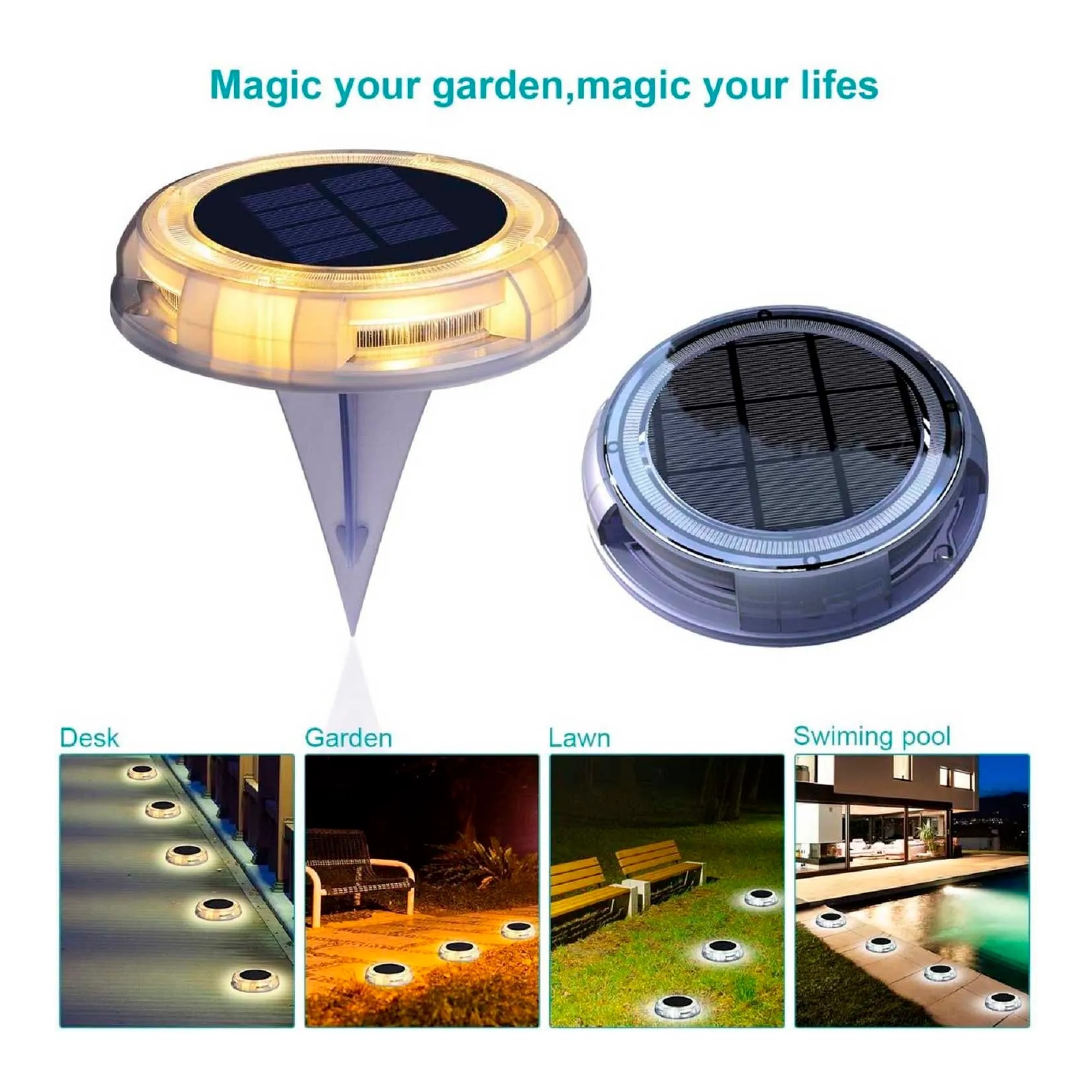 Four solar dusk-to-dawn LED garden lights with white, purple, blue, and green illumination